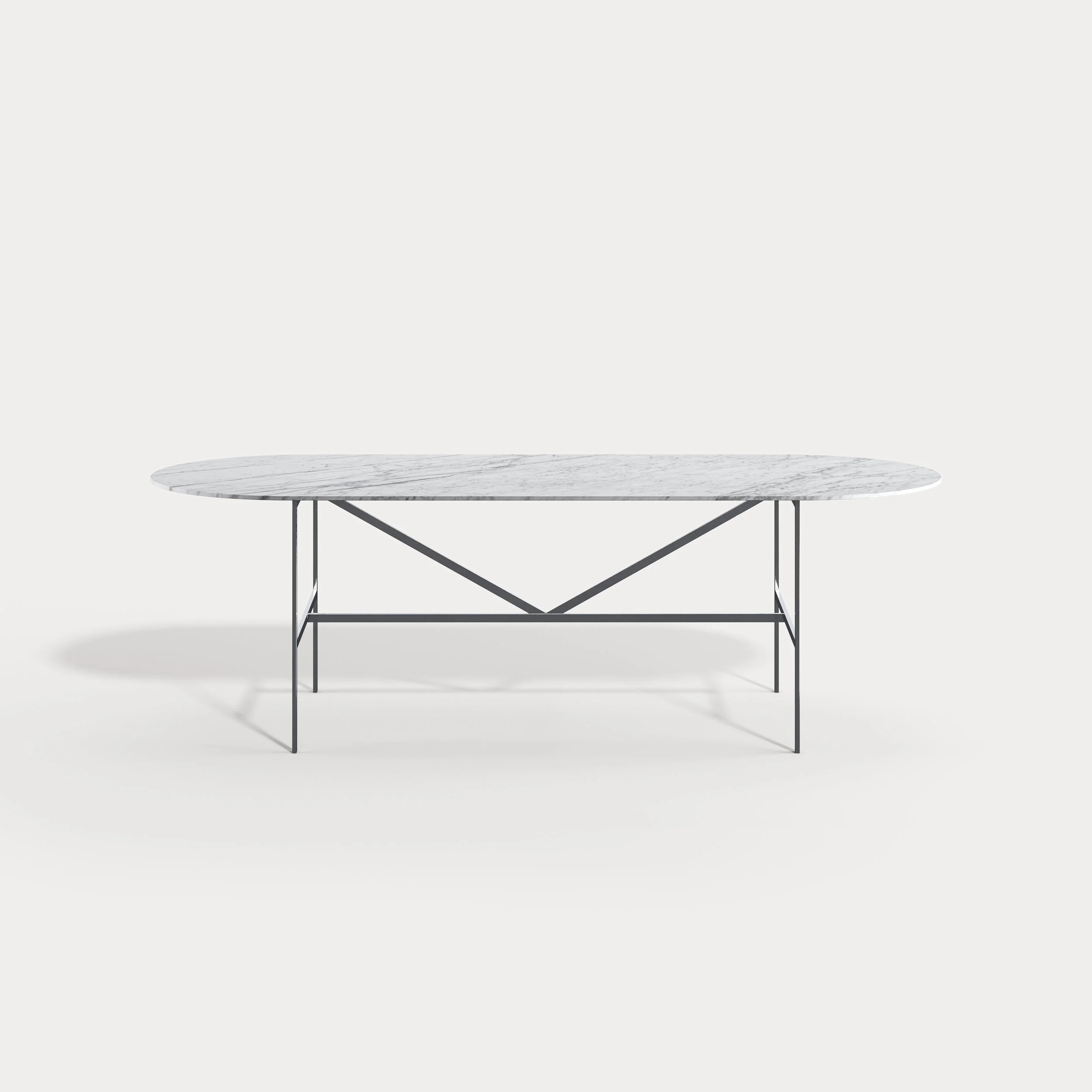 Modern oval marble-top coffee table with black metal frame on plain white background.