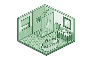 Isometric illustration of a bathroom with a bathtub, toilet, sink, mirror, window, and showerhead.