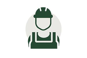 Silhouette of a construction worker wearing a helmet and overalls, with a gray circle background.