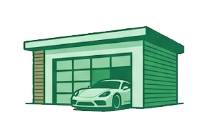 Garage with a car parked outside