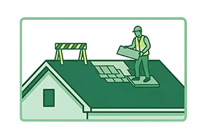 Construction worker on a roof with shingles, holding materials.