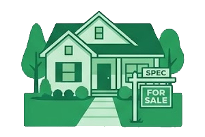 Green illustration of a house with trees and a sidewalk, with signs reading 'SPEC' and 'FOR SALE' in the yard.