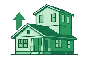 Illustration of a house with an upward arrow indicating growth or increase in home value or real estate.