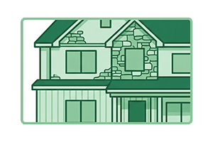 Line drawing of a two-story house with a front porch, multiple windows, and stone accents on the upper part of the facade.