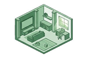 Isometric illustration of a living room with a couch, coffee table, TV on a stand, bookshelf, small cabinet, window, and a computer desk.