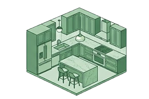 Isometric illustration of a modern kitchen with green cabinets, a refrigerator, oven, sink, countertops, and an island with two bar stools.