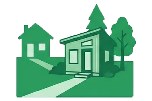 Illustration of a house with a porch, surrounded by trees and a pathway leading to the door.