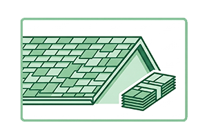 Illustration of a roof with a stack of shingles beside it.