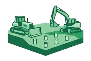 Illustration of two green construction vehicles, an excavator and a bulldozer, on a construction site with several small pillars or posts.
