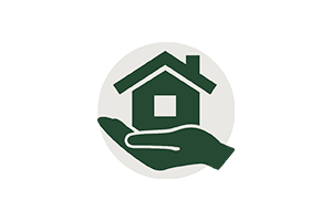 A hand holding a house icon inside a circle, symbolizing real estate or home protection.