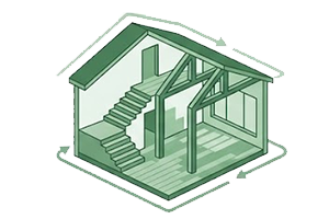 Cross-sectional illustration of a house showing the interior structure, including stairs, floors, walls, roof, and supporting beams.