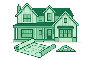 A green illustrated house with architectural plans and a ruler in front.