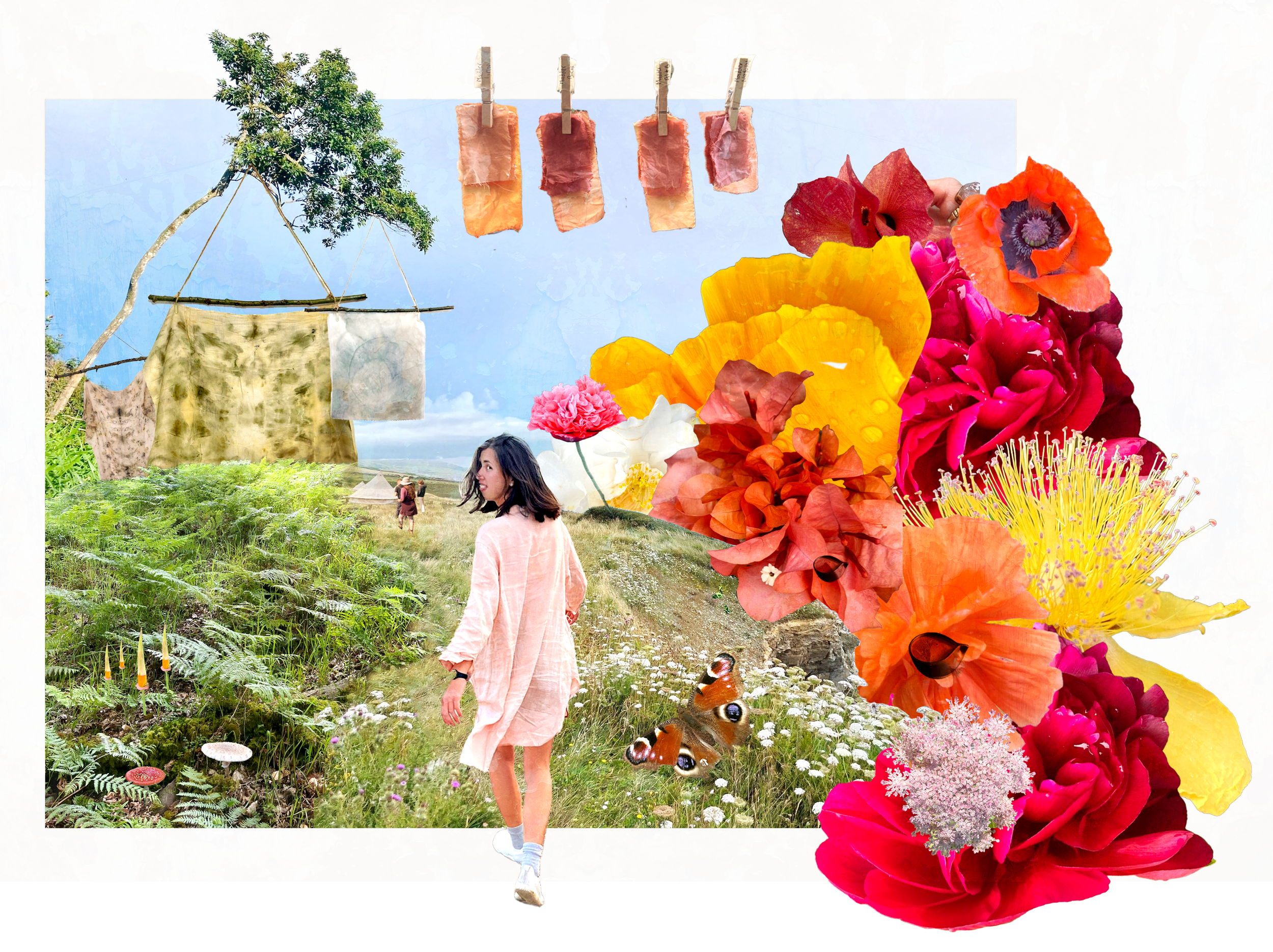 A collage featuring a young woman walking in a grassy field with flowers, surrounded by large colorful flowers and plants, with a background of a peeling painted wall and a blue sky with clouds.