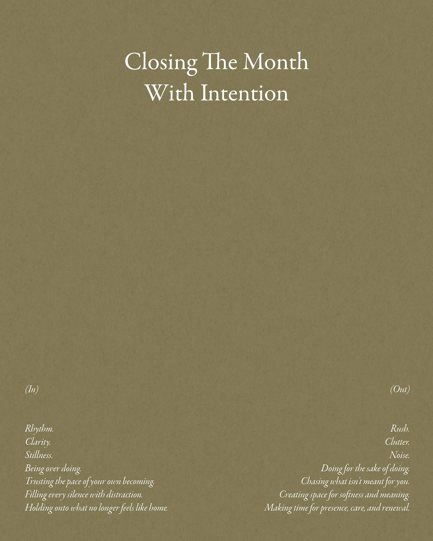 As October comes to a close, we pause to reflect on what we&rsquo;ve held, what we&rsquo;re ready to release, and what we wish to invite into our lives.

The end of the month is a gentle reminder that time is a precious rhythm, one to honor, not rush