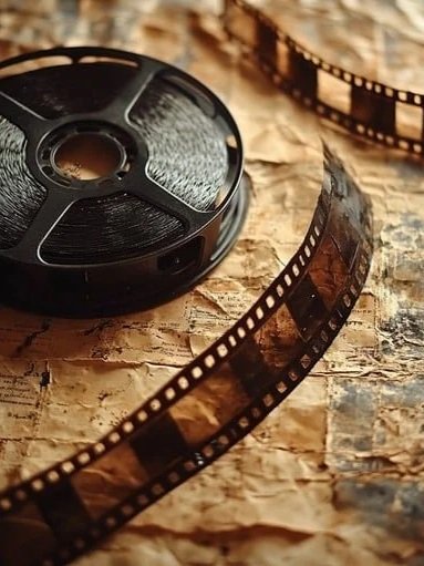 A film reel with a strip of photographic film on a wooden surface.