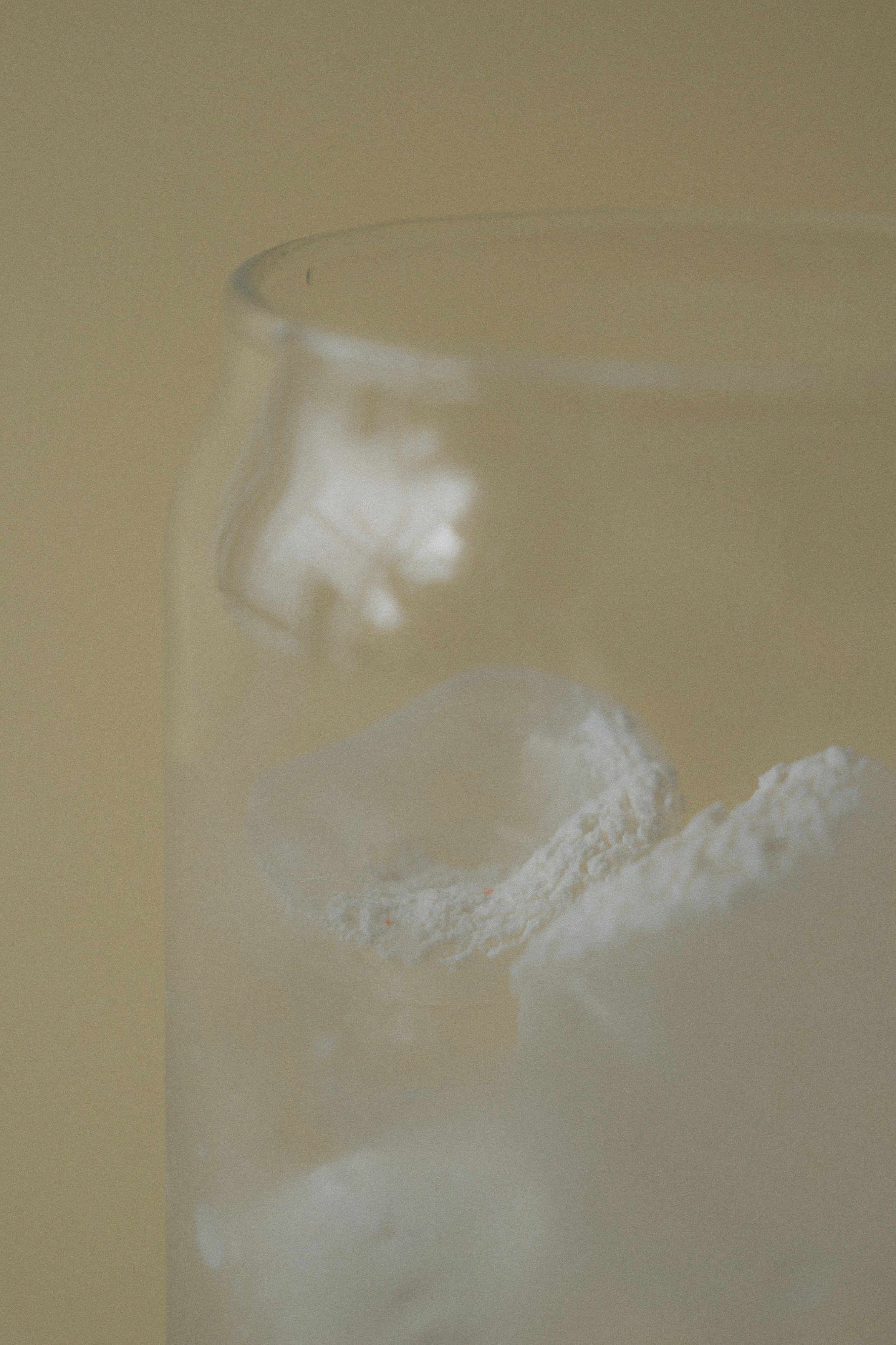 Close-up of a clear glass of water with a few ice cubes, with a soft, warm background.
