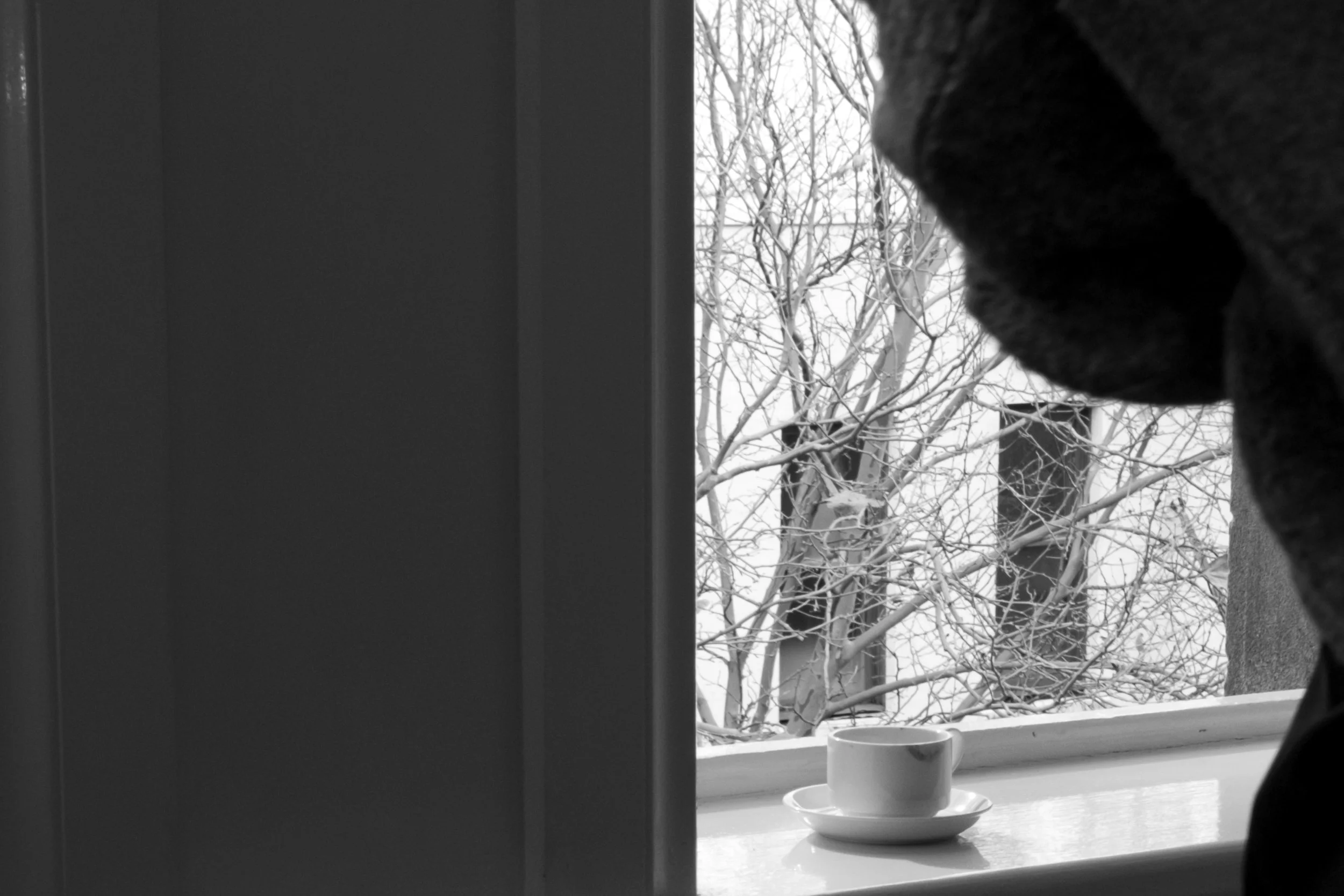 A black-and-white photo of a windowsill with a white cup on a matching saucer, outside the window are snow-covered branches and rooftops, with no people visible.