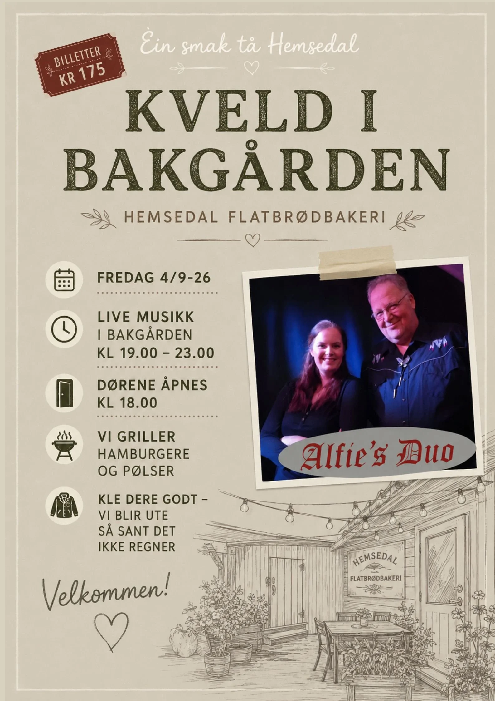 Kveld i bakgården med levende musikk; "Alfie`s Duo"