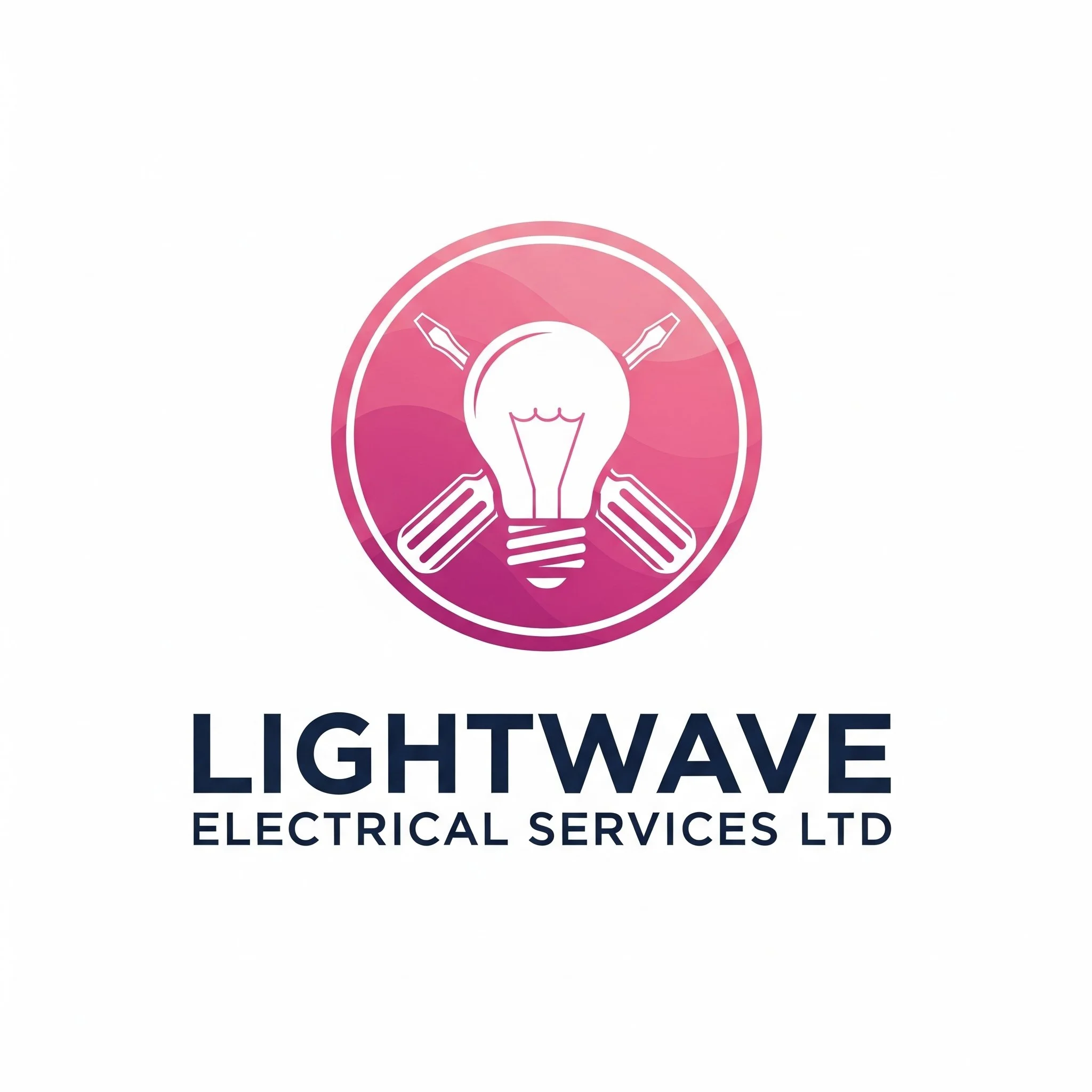 Logo for Lightwave Electrical Services Ltd featuring a lightbulb with two screwdrivers and two pens surrounding it, with the company name below in bold text.