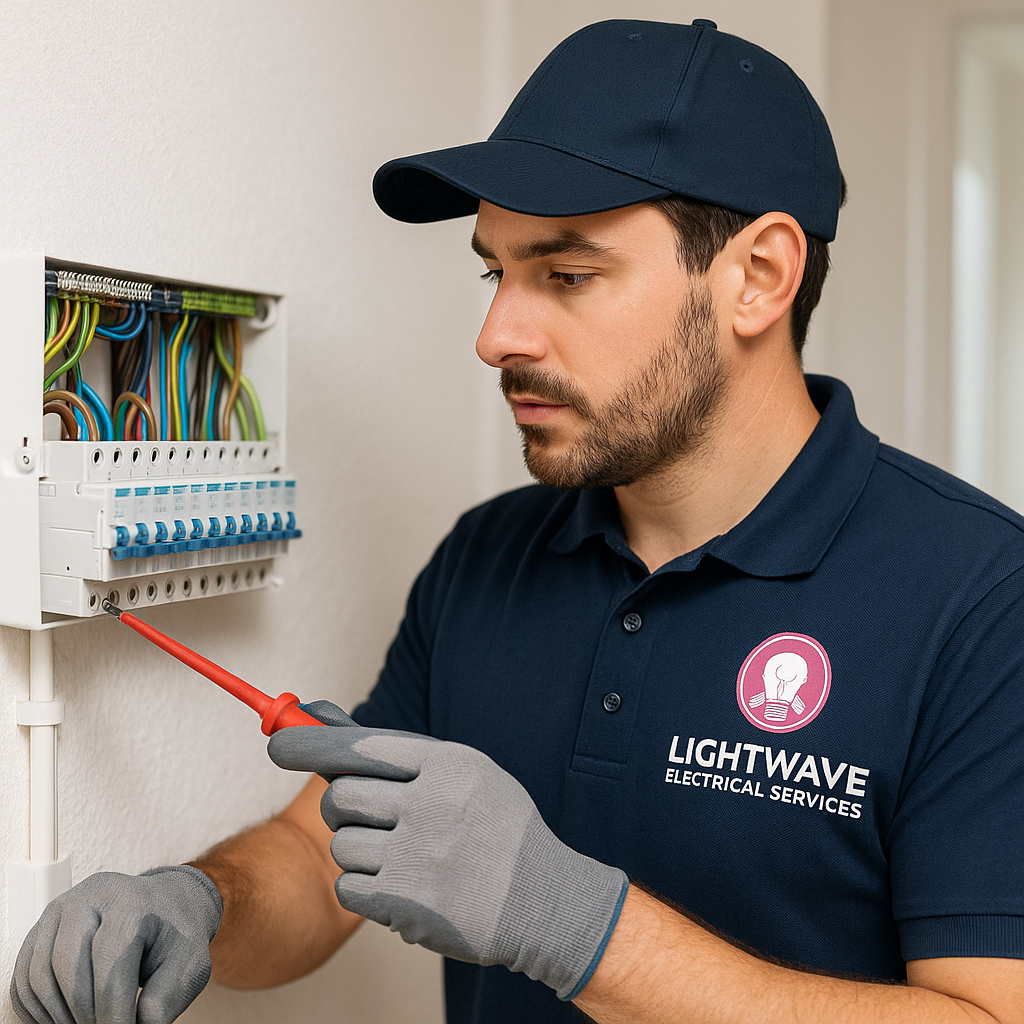 A male electrician working on an electrical panel, using a screwdriver, wearing a blue uniform and cap, with "Lightwave Electrical Services" logo on his shirt, and gray gloves.