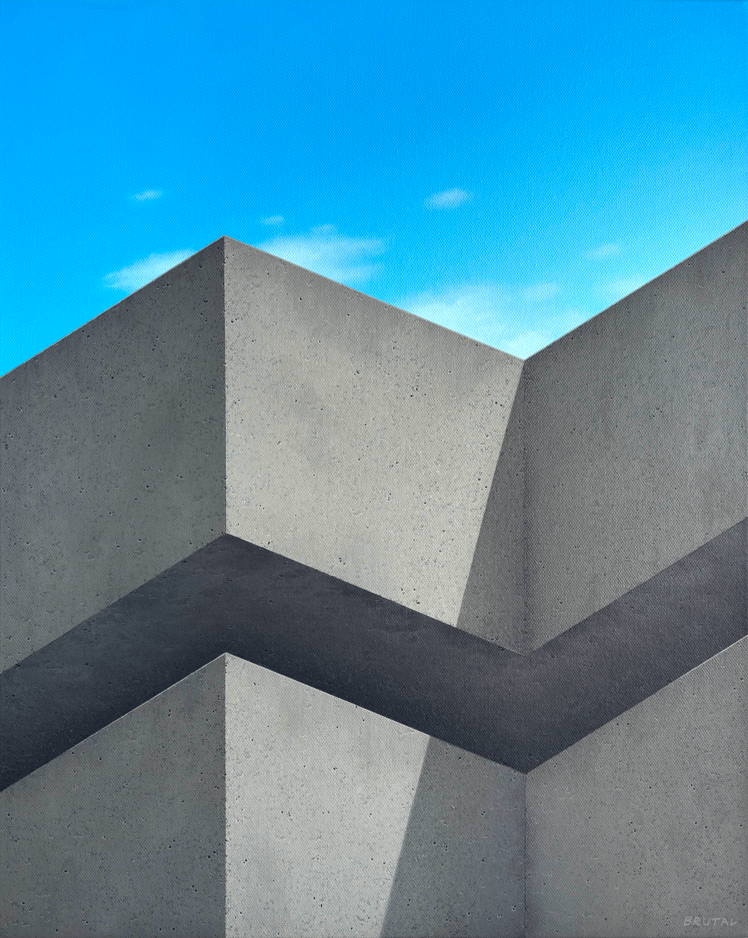 A painting of a Close-up of modern concrete Brutalist style building with angular geometric shapes against a blue sky.