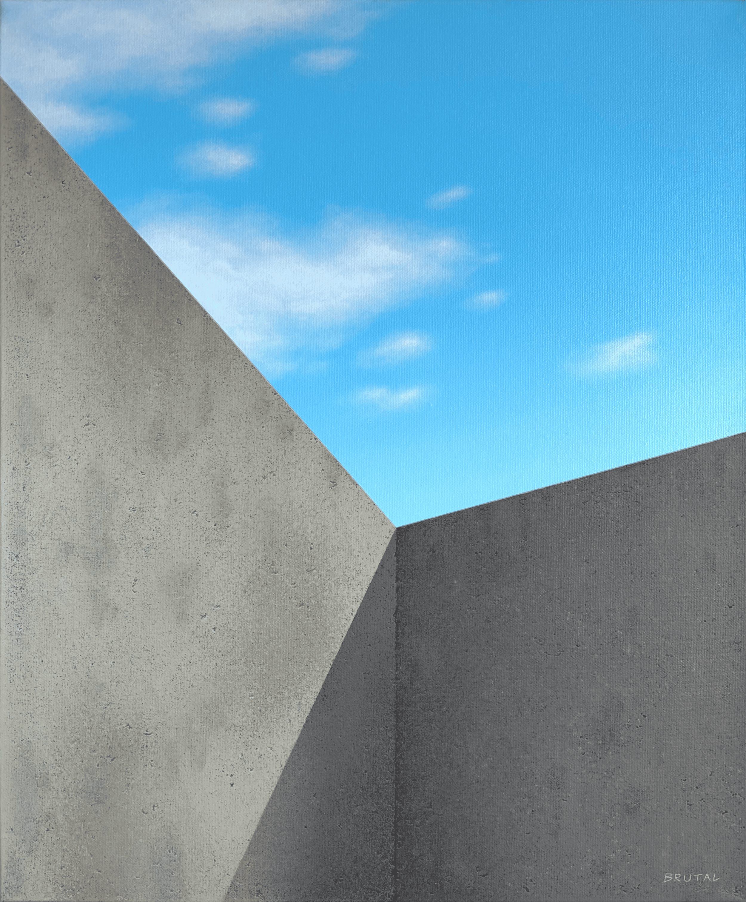 A minimalist painting of the corner of two Brutalist concrete walls with a blue sky and scattered clouds visible above.