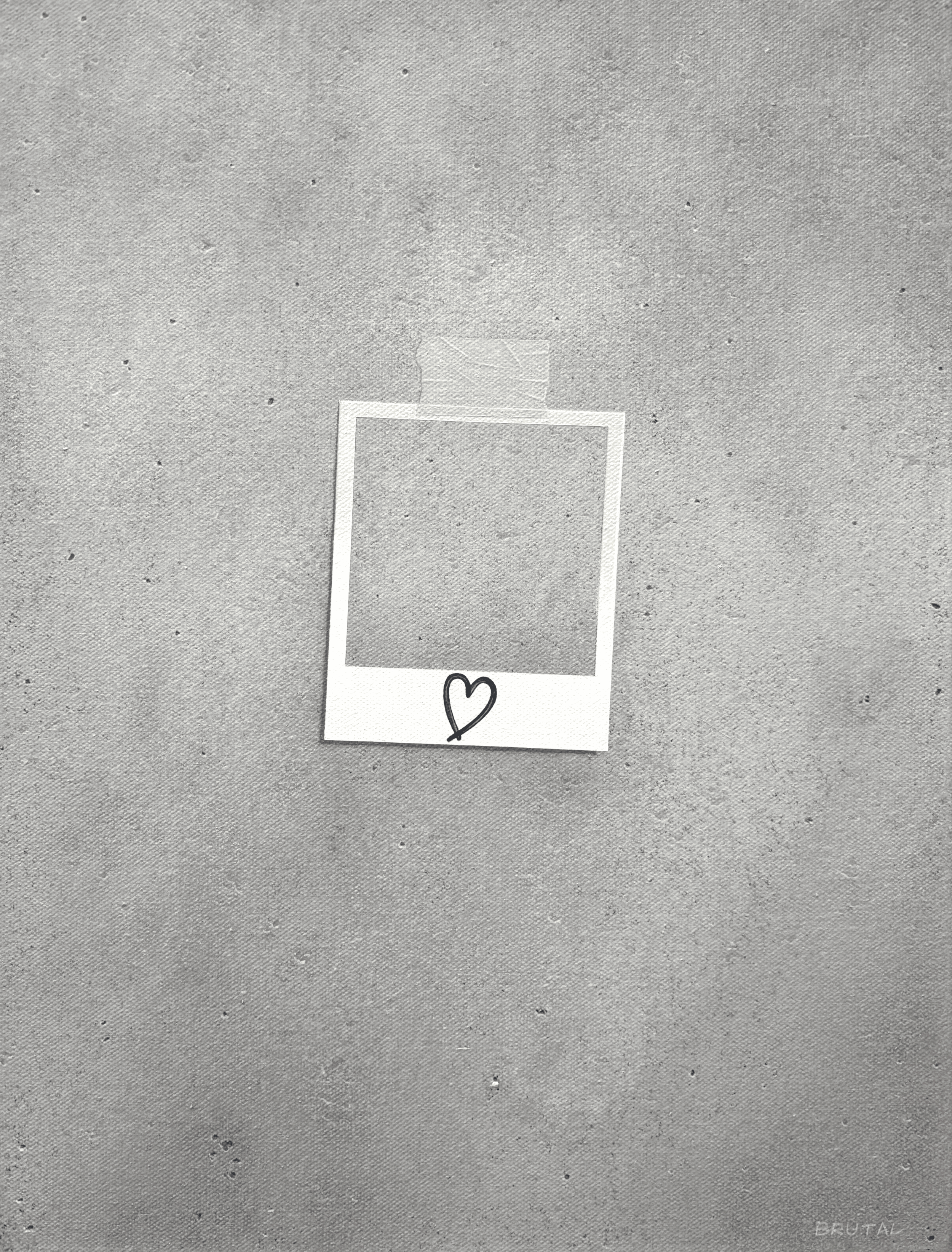 An Acrylic Painting of an Empty Polaroid photograph with a hand-drawn black heart at the bottom, taped to a plain, slightly textured concrete surface.