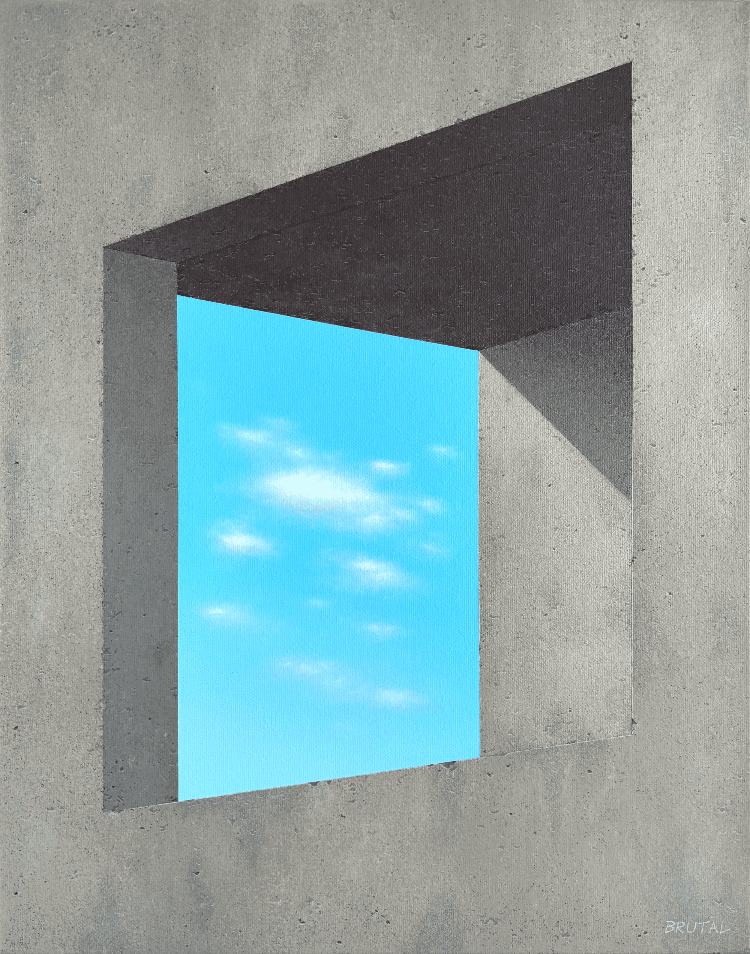 An Acrylic Painting of a Brutalist Concrete wall with a rectangular opening revealing a bright blue sky with some clouds.