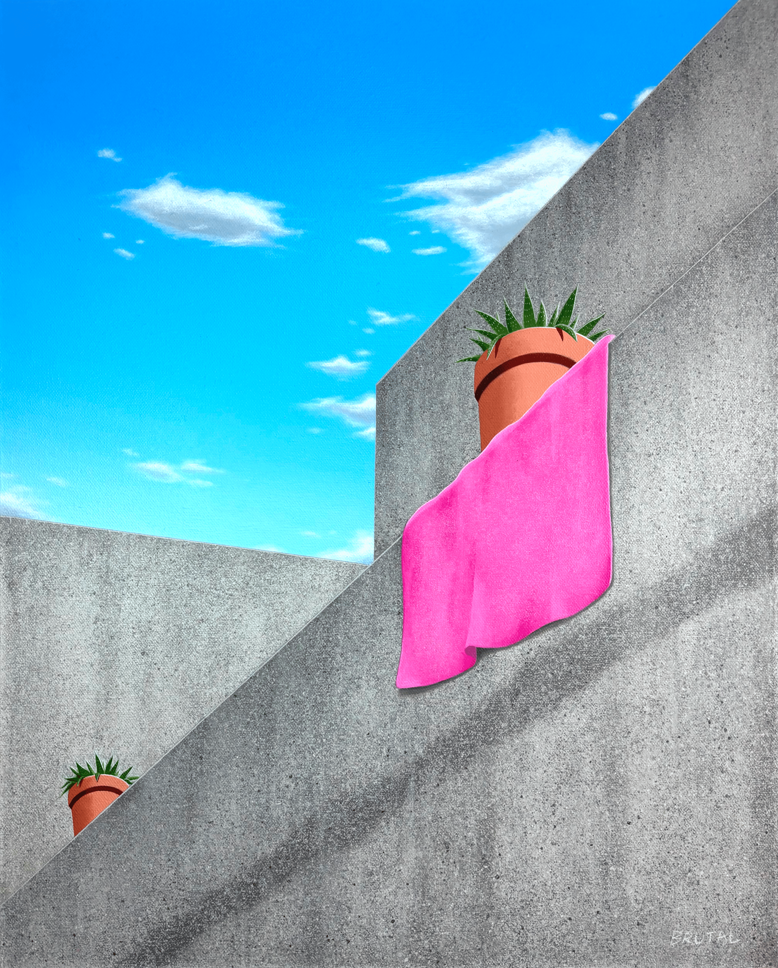 A painting of a Brutalist wall with two flower pots, one partially covered by a pink cloth. The pots contain green plants. The background features a bright blue sky with a few white clouds.