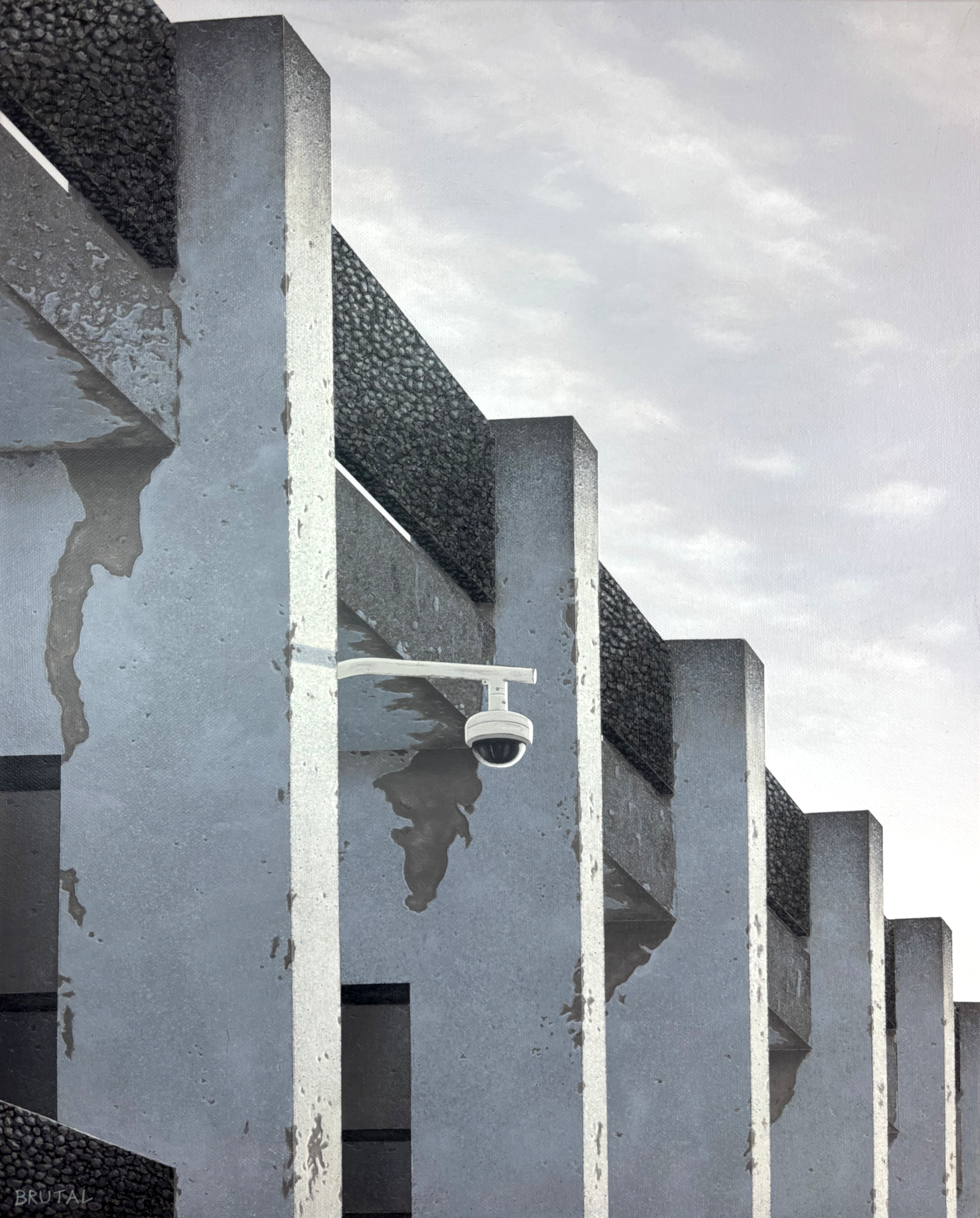A painting of a Brutalist building with a series of white concrete pillars, black textured panels, and a hanging security camera under a cloudy sky.