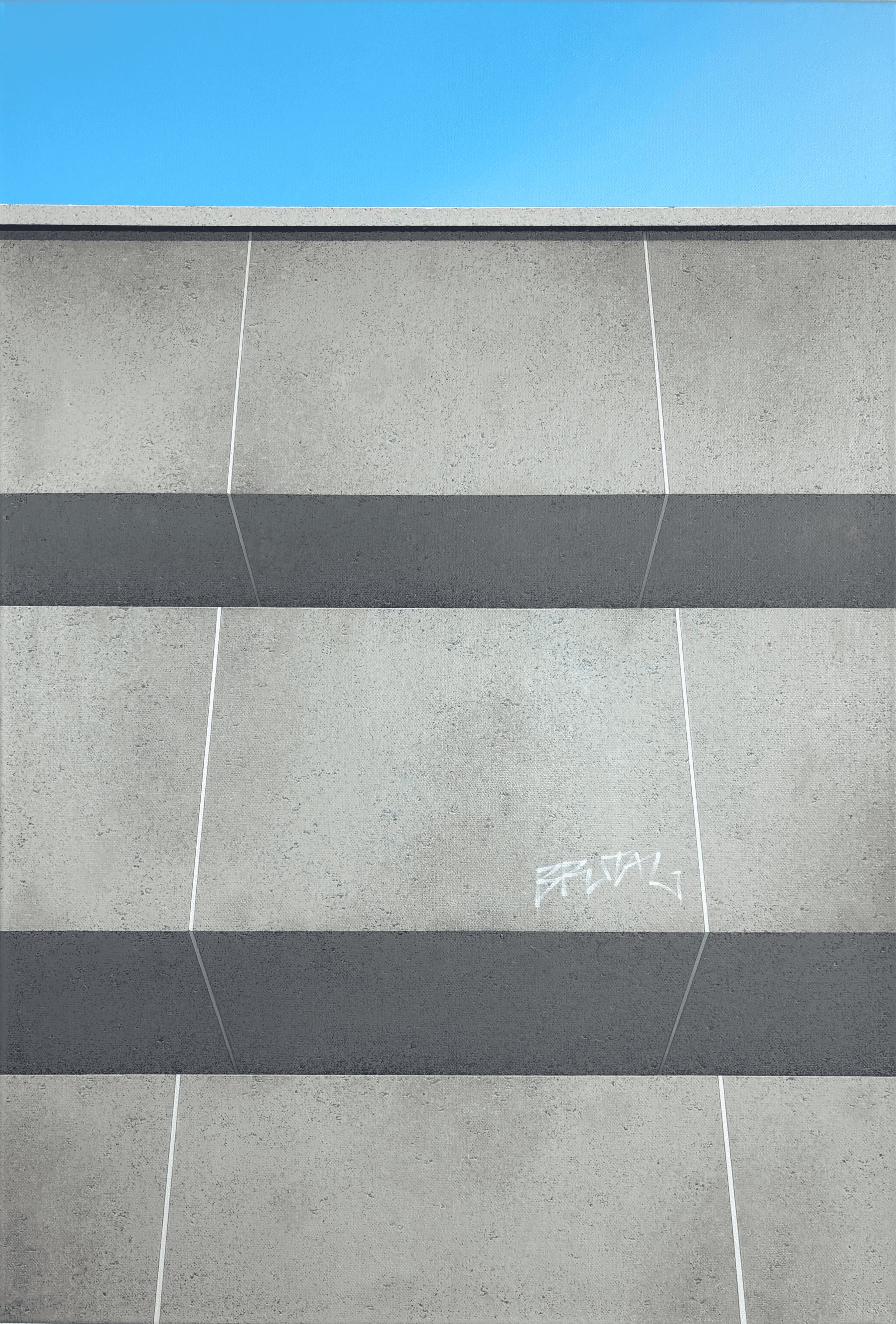 A vertically long painting of a piece of Brutalist Architecture. Close-up view of concrete building wall with horizontal dark stripe, faint white graffiti, and visible panel seams, under a clear blue sky.