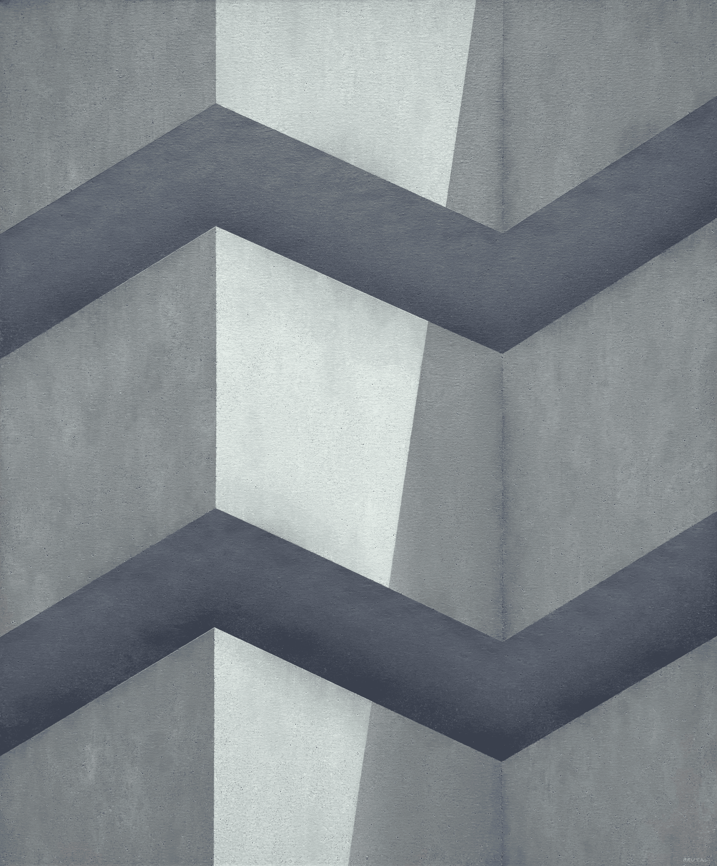 A painting of an Abstract geometric Brutalist style building overlapping shapes in shades of gray, black, and white forming a pattern of zigzag and parallelogram shapes.