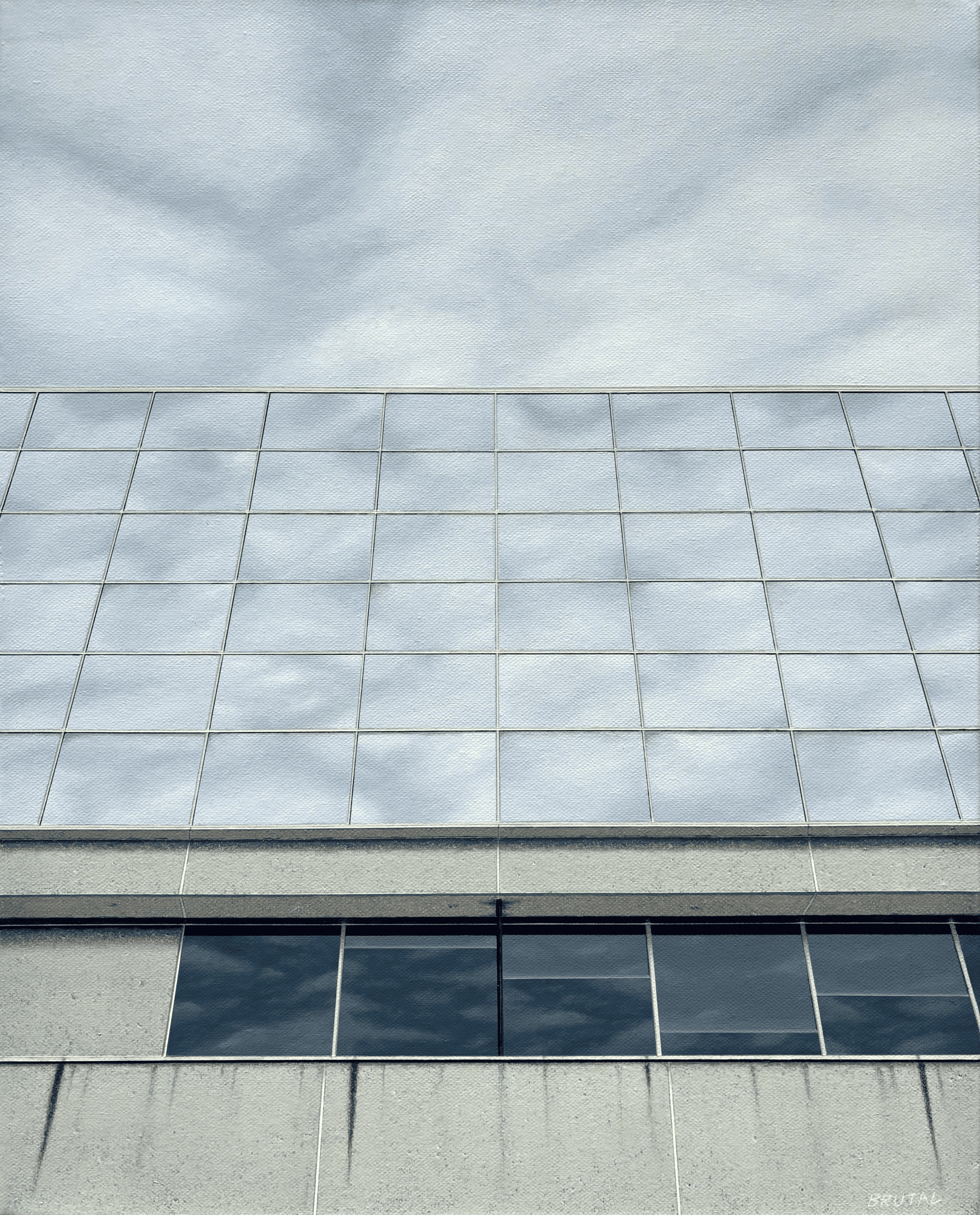 An Acrylic Painting of the exterior of a modern Brutalist building with glass windows and tiled panels, under a cloudy sky.