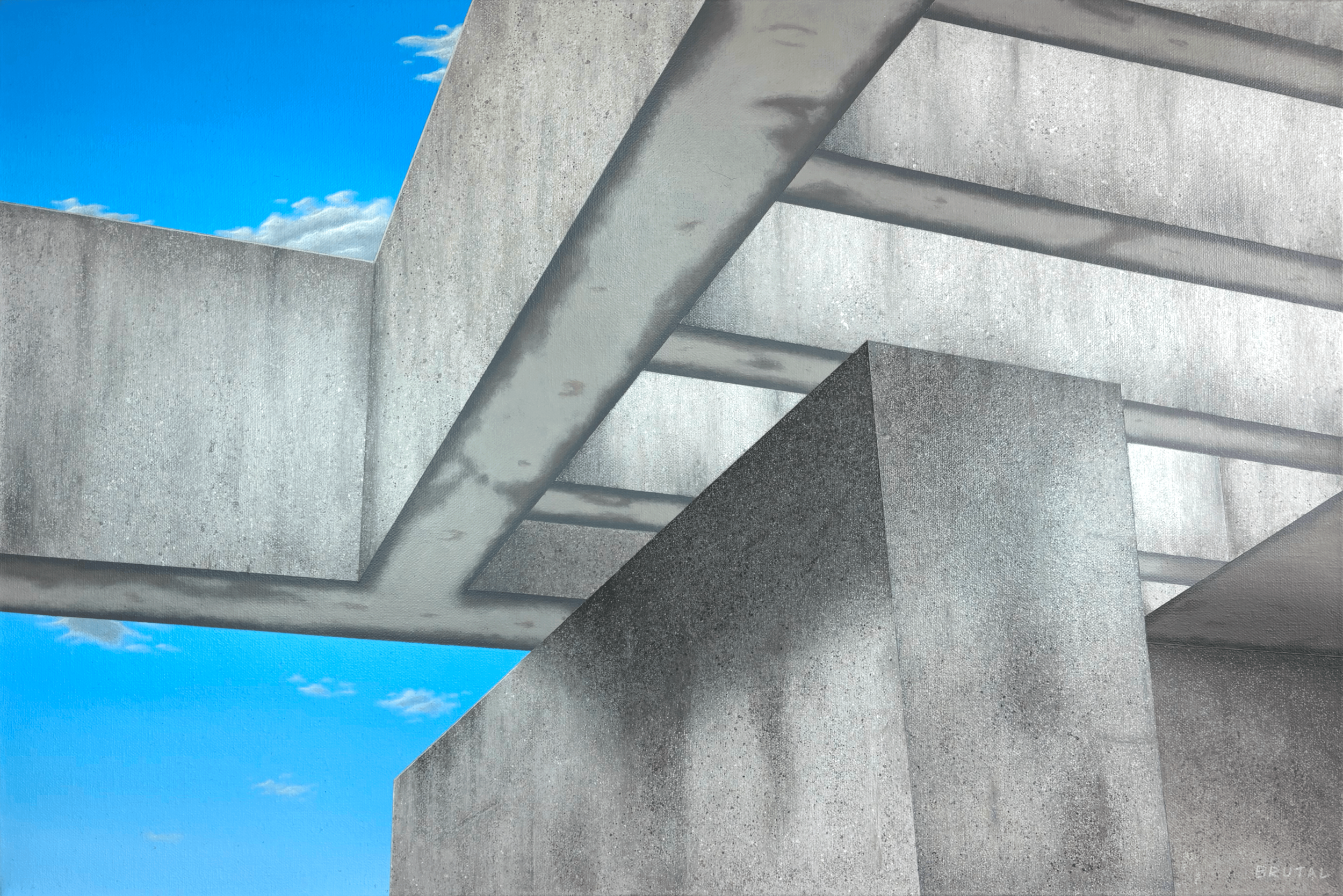 An Acrylic Painting of a Close-up view of a Brutalist architectural structure with a bright blue sky and some clouds in the background.