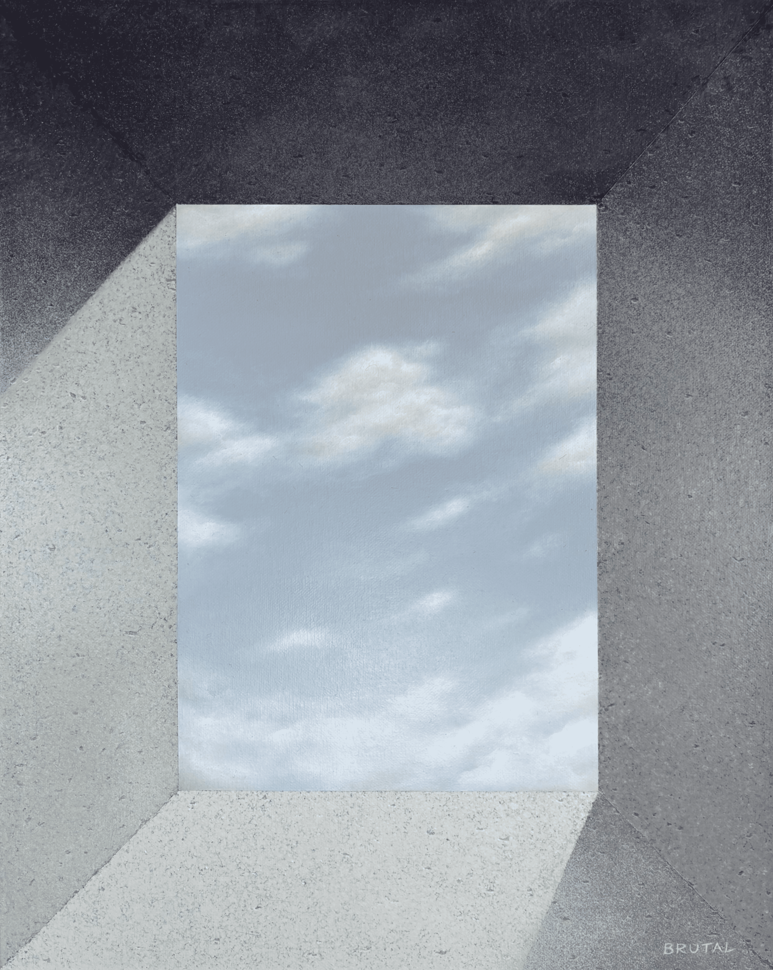 A painting of a view of a cloudy sky seen through a rectangular opening in a concrete brutalist wall with different textures and shades of gray, creating a frame around the sky.
