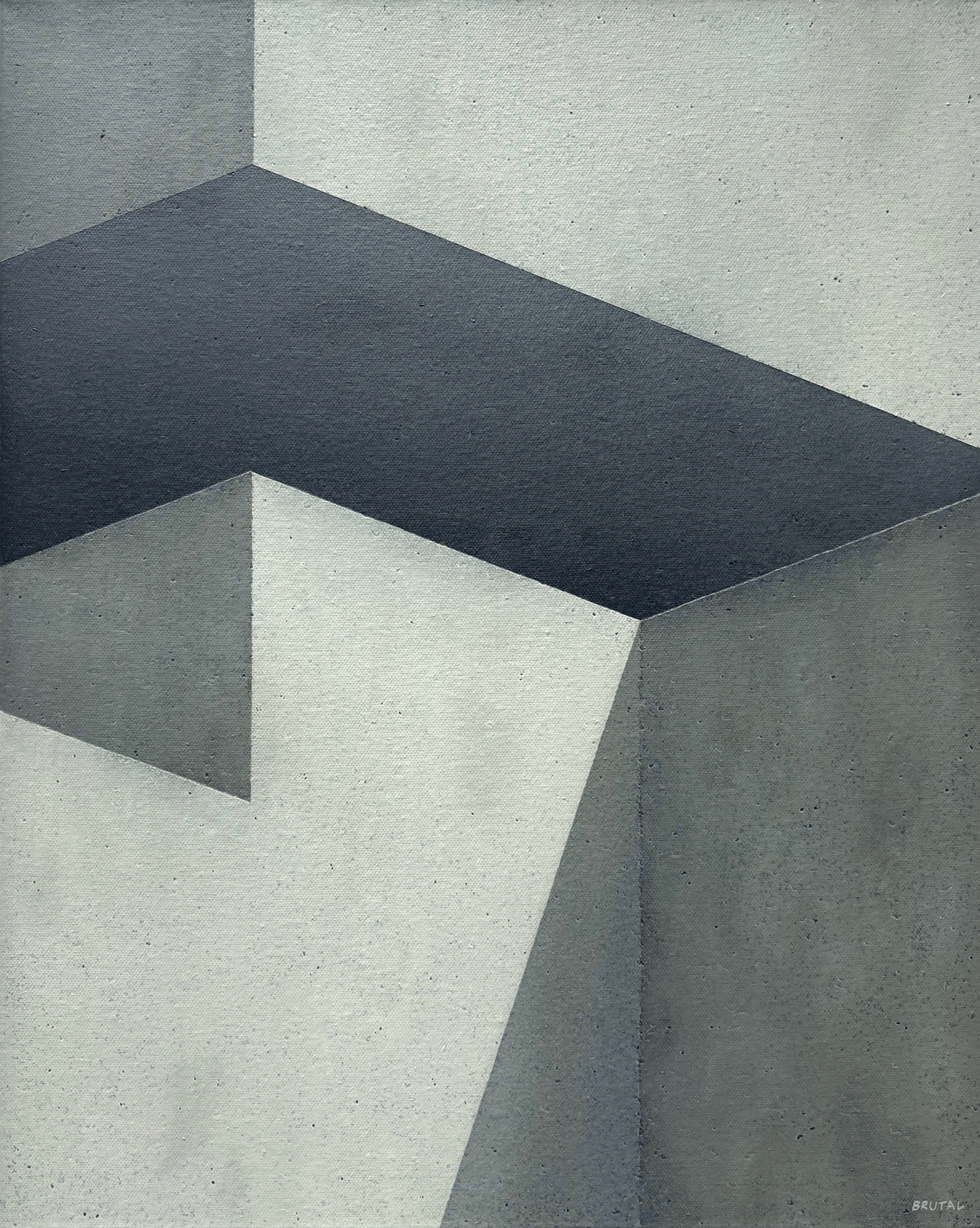 Abstract Acrylic Painting featuring a Brutalist Architecture structure with three-dimensional cube shapes in shades of gray and black.