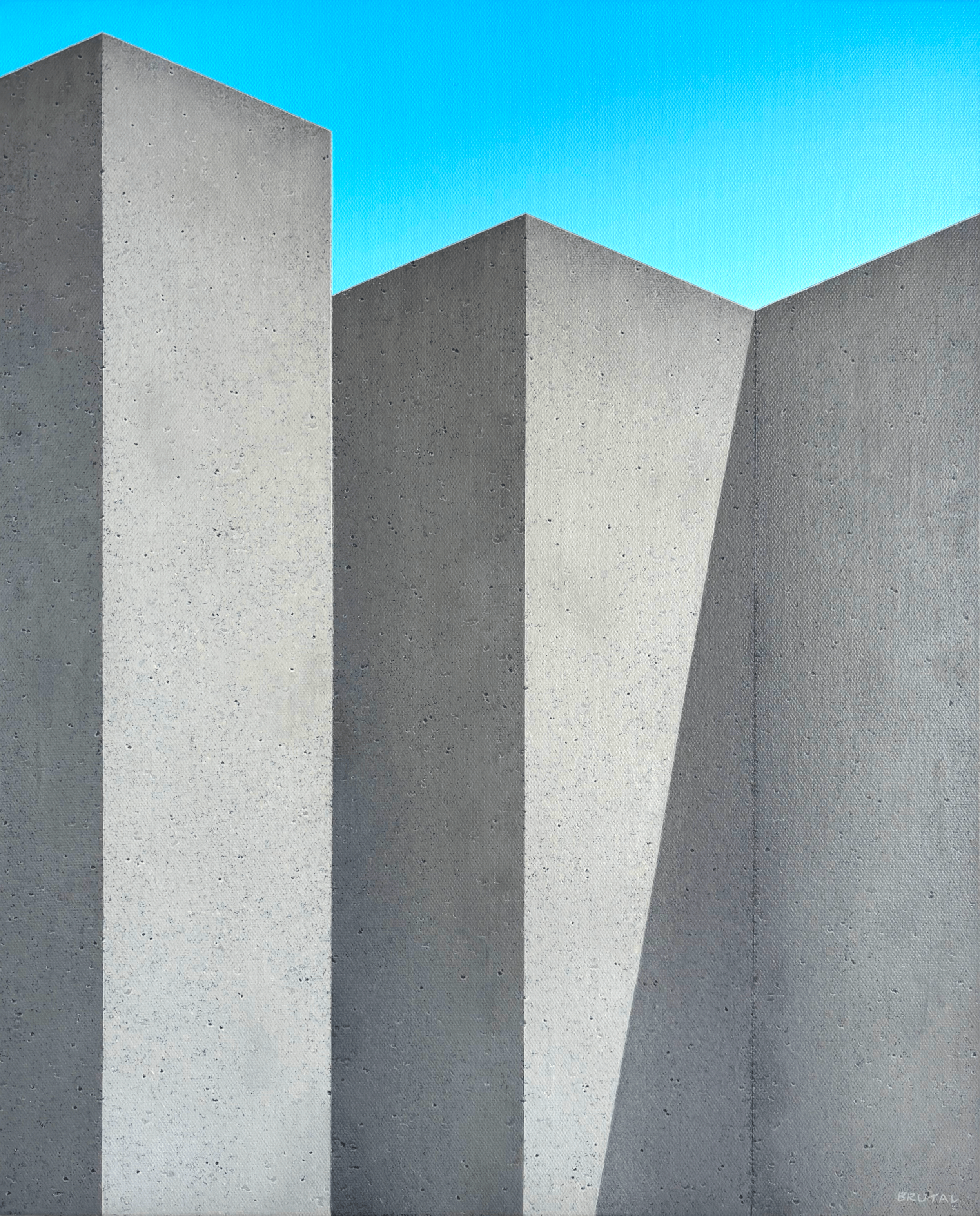 A painting in acrylic of a Close-up of tall, gray brutalist architecture style concrete building walls with a bright blue sky in the background.