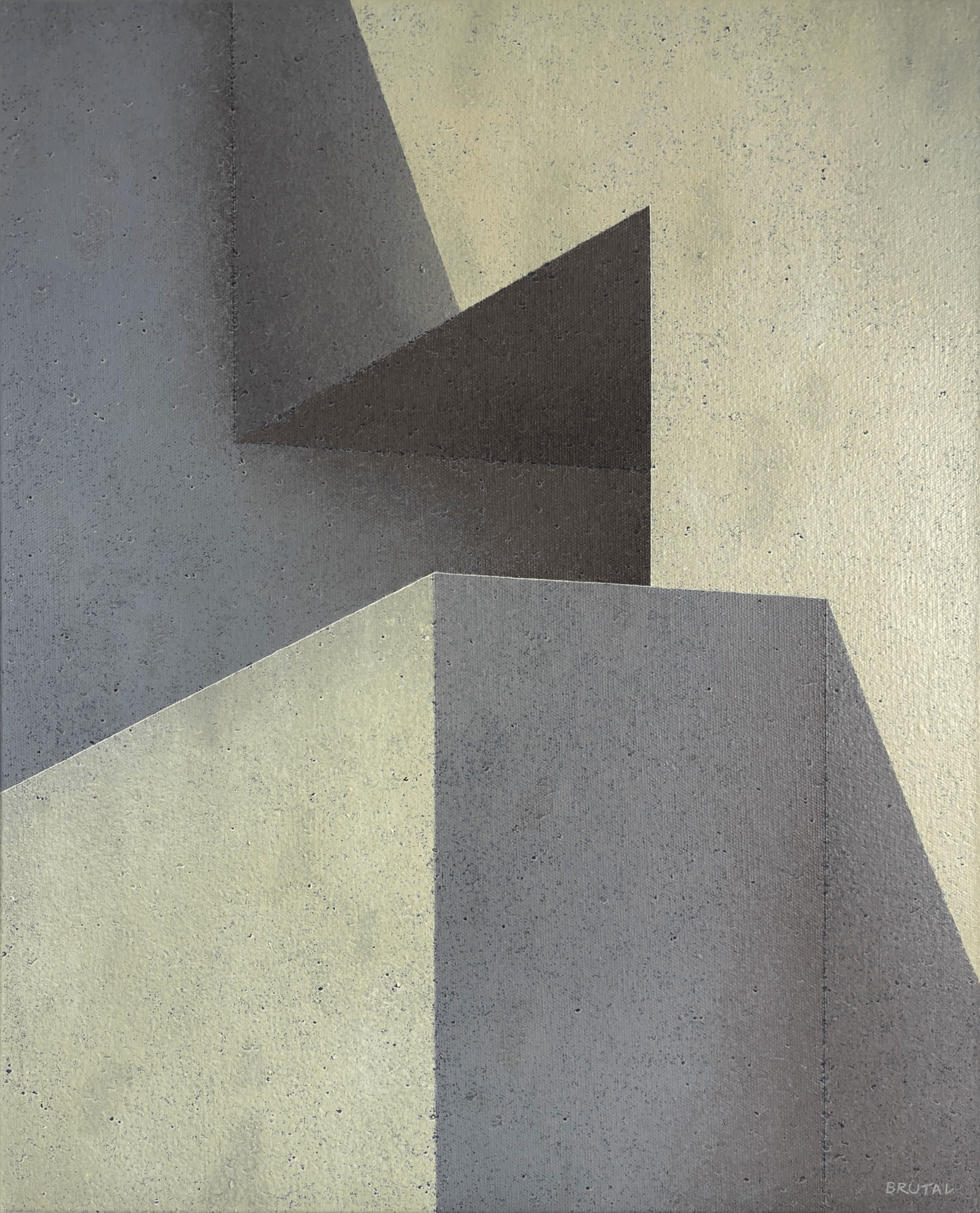 A painting of an abstract part of a Brutalist building's exterior with geometric shapes created by walls and shadows, with a beige and gray color palette.