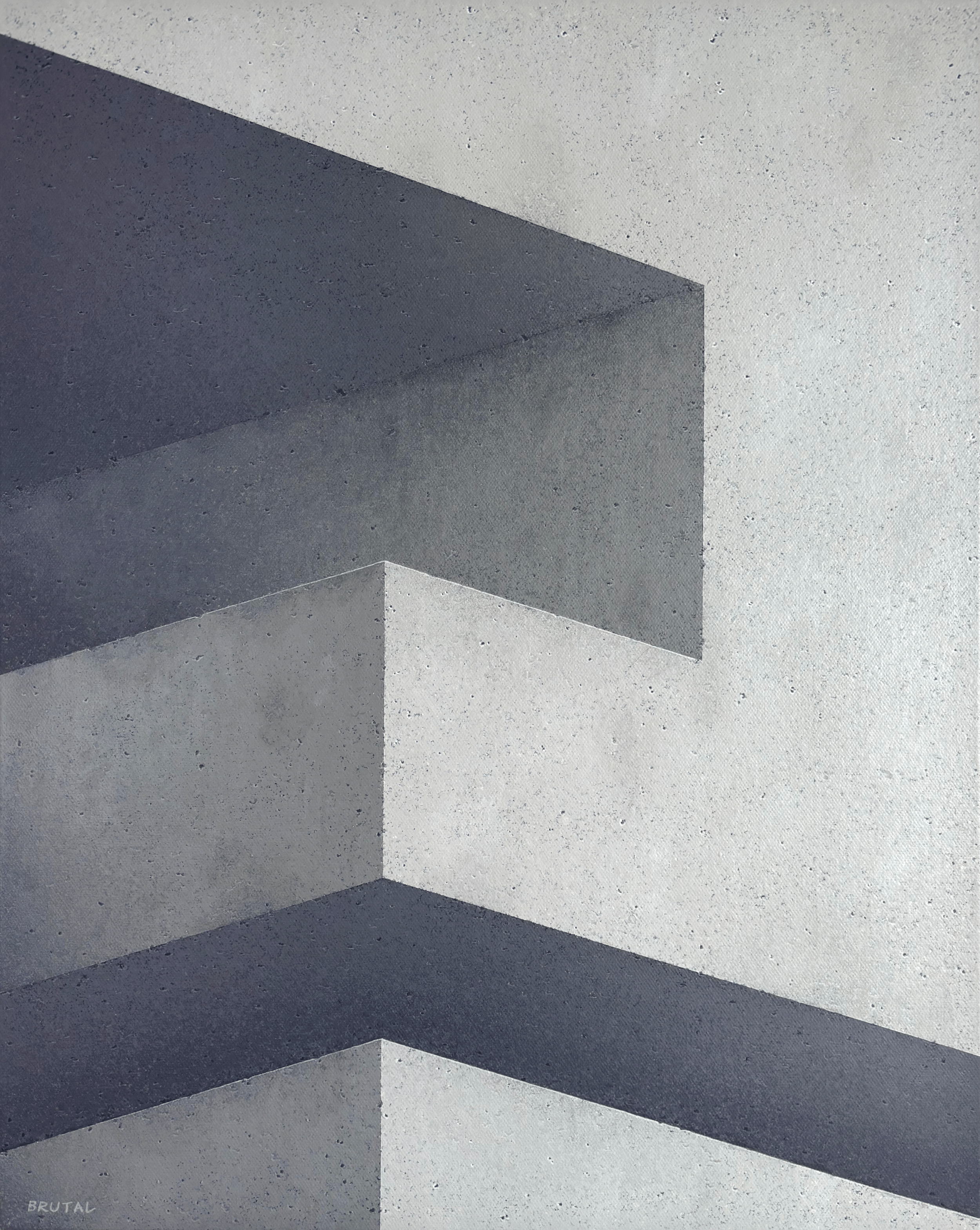 A painting of a Close-up of a modern looking Brutalist building's corner with geometric concrete walls and shadows.