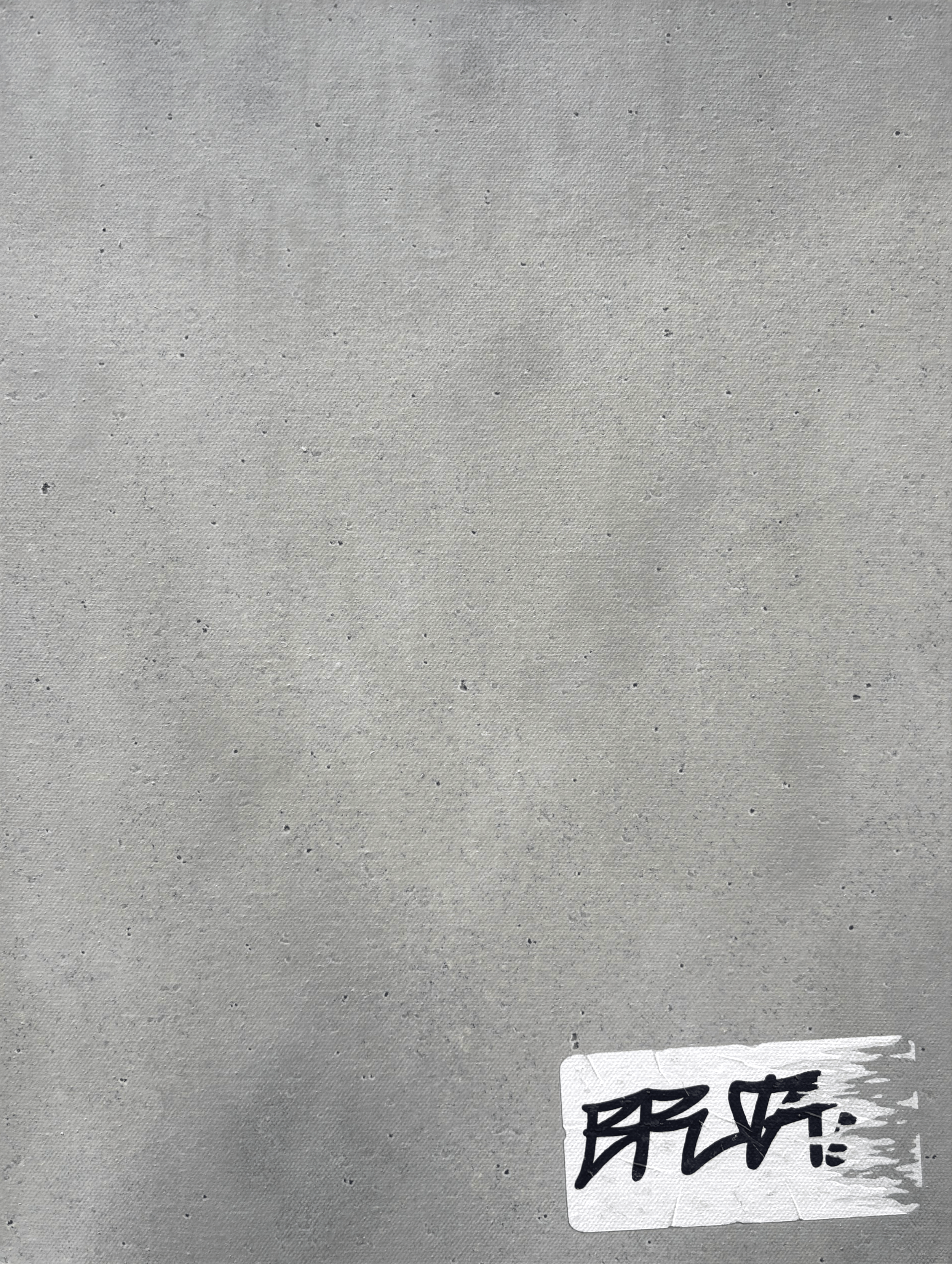 A painting of a slab of concrete with a white sticker in the bottom right corner containing black graffiti-style writing.