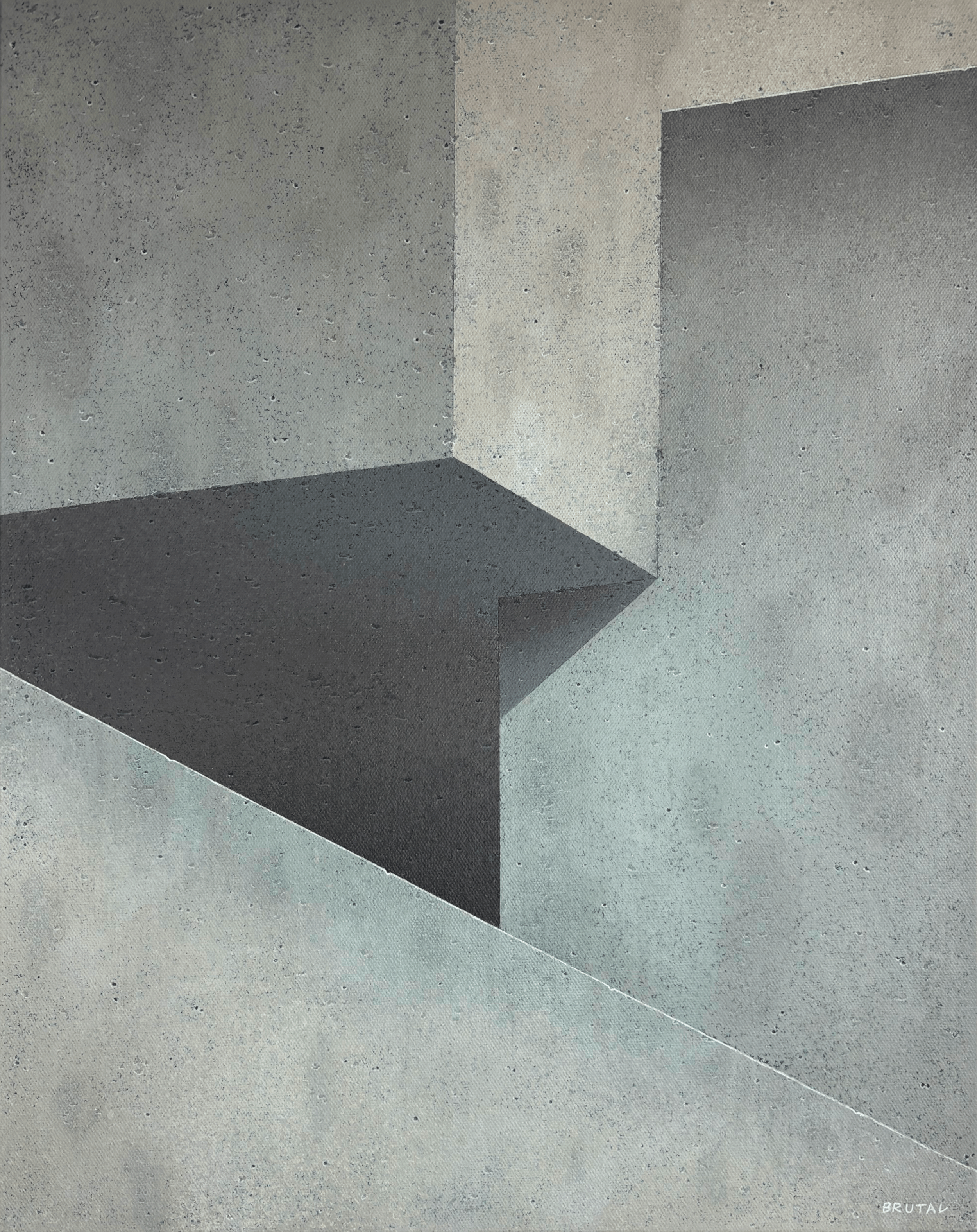 Abstract Acrylic painting of a Brutalist Structure featuring a dark gray three-dimensional shape resembling a box or room with an open side, set against a textured light gray background.