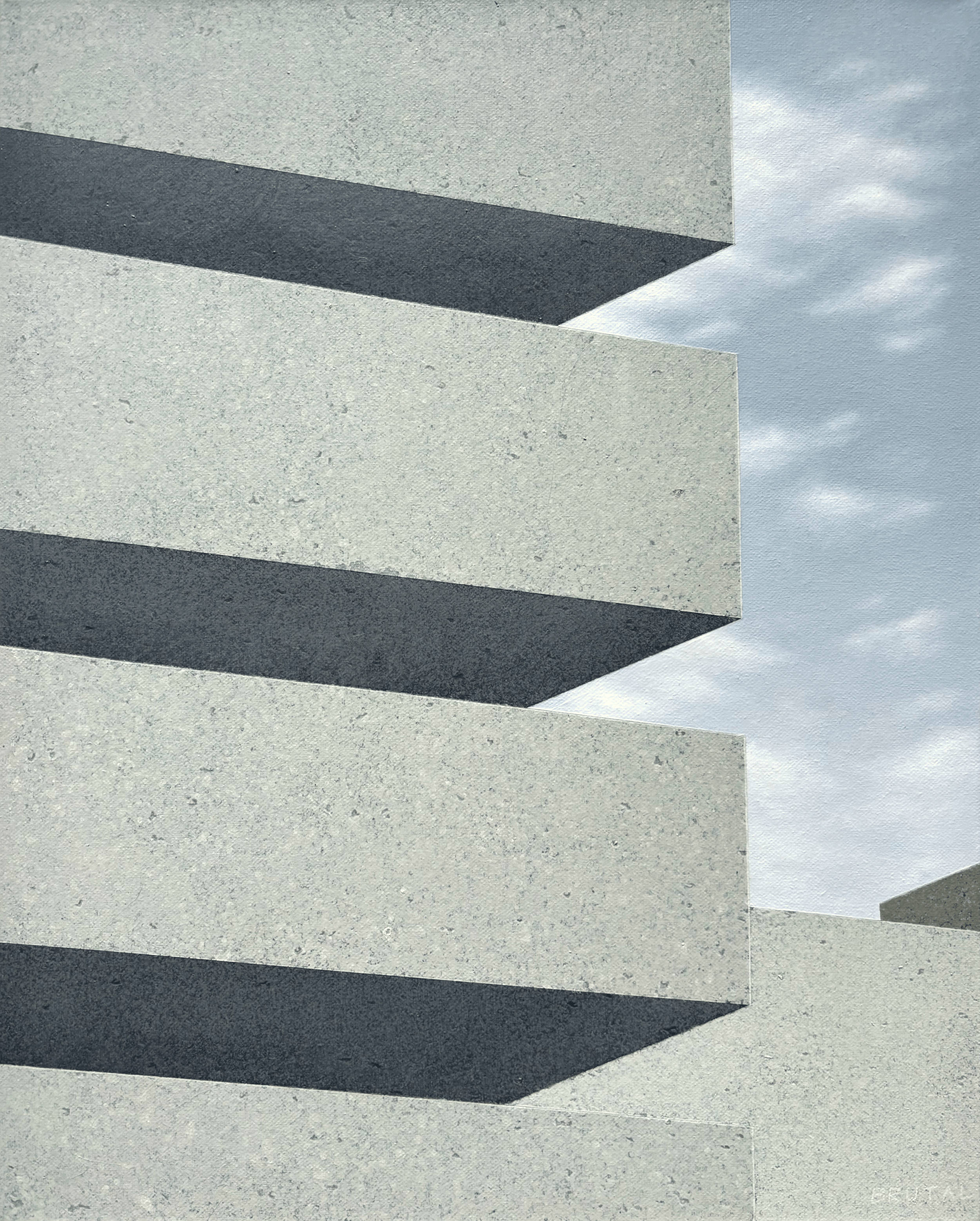 A painting of a Close-up view of modern looking Brutalist concrete building with overhanging slabs, casting shadows on the facade, against a cloudy sky.