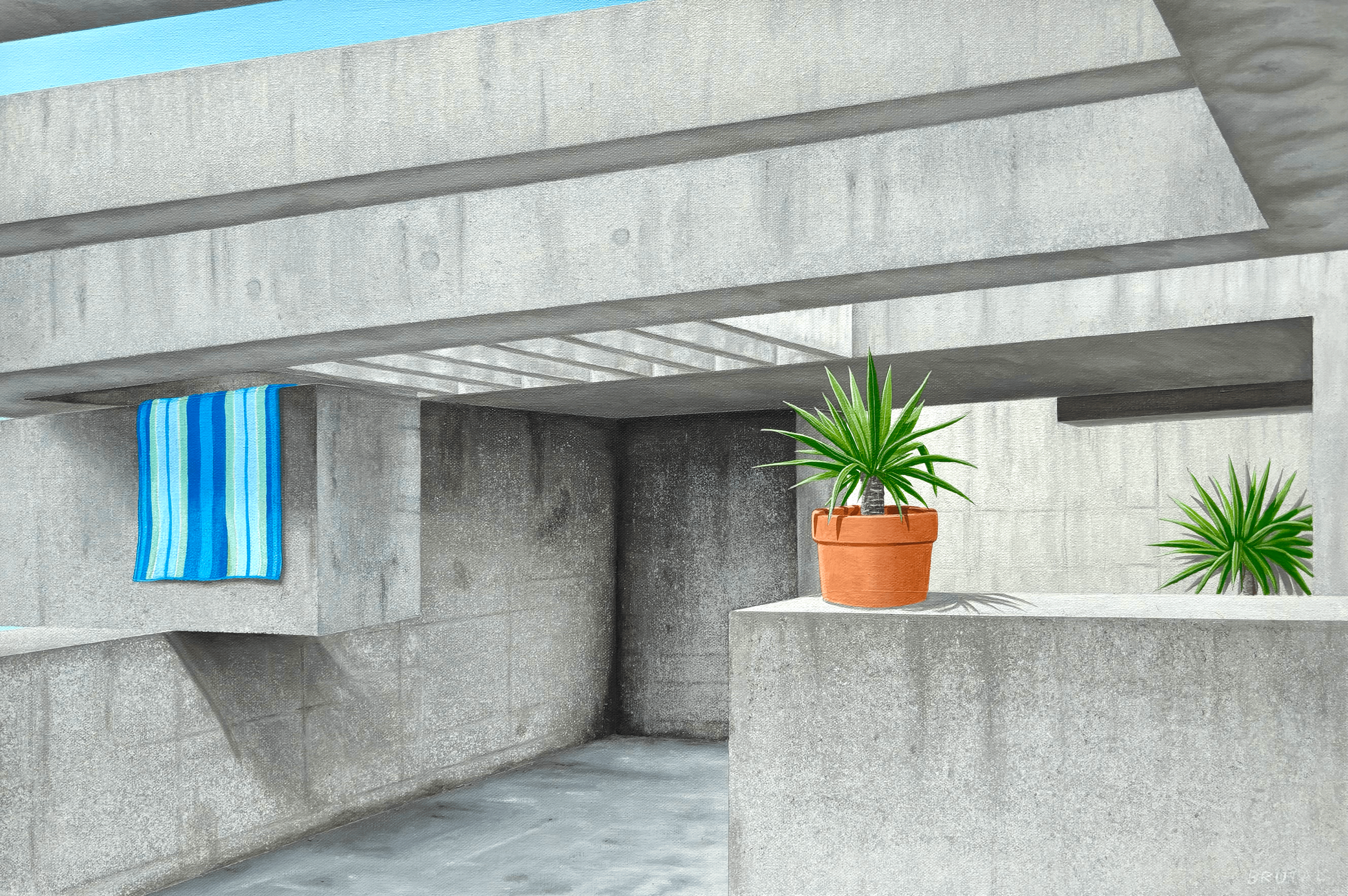 An Acrylic Painting of a brutalist structure with two potted plants, one with long green leaves, and a blue striped towel hanging over the edge.