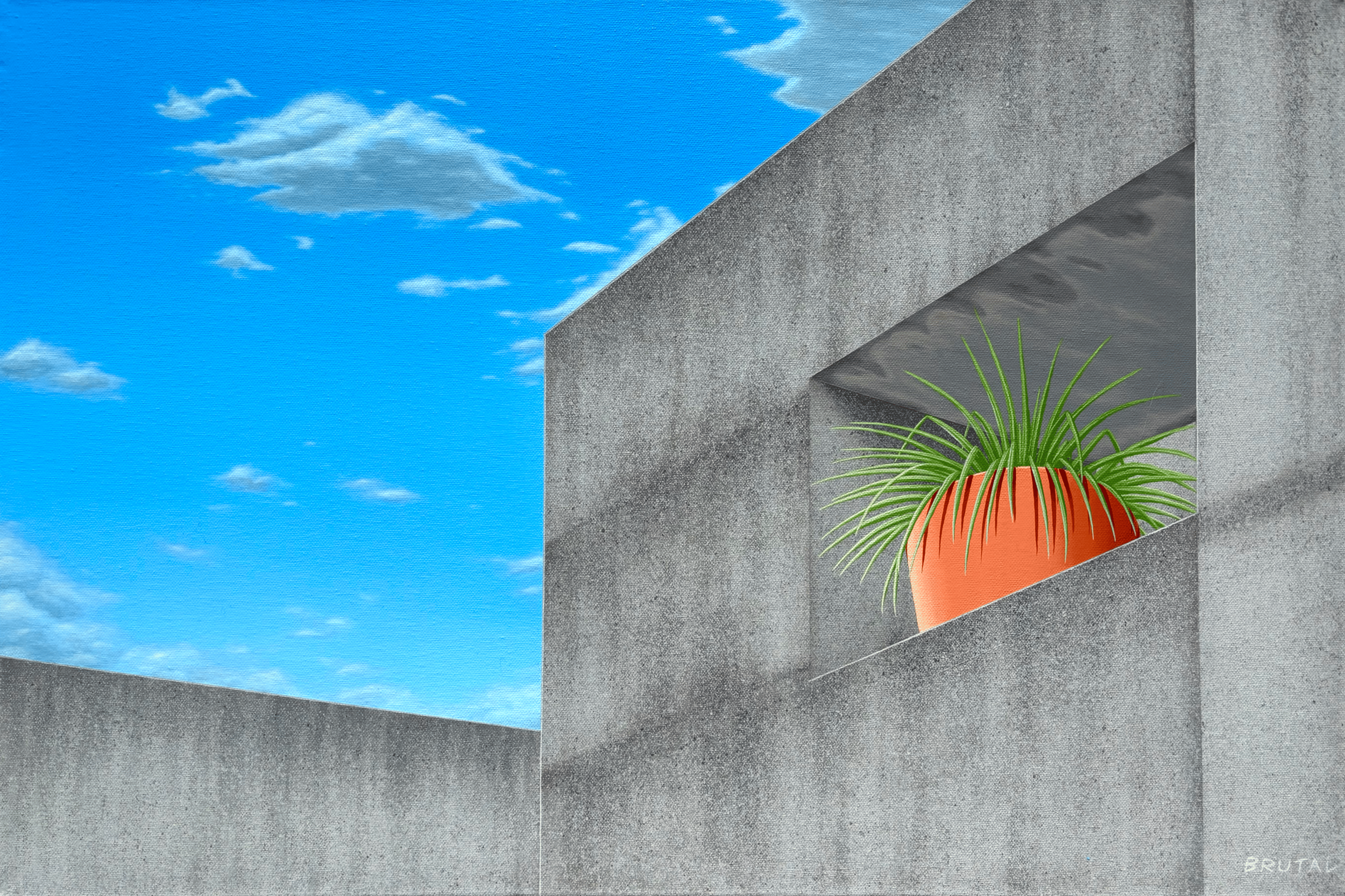 A painting of a piece of Brutalist Architecture with a textured concrete exterior, featuring a rectangular window with a potted green plant visible inside, against a bright blue sky with scattered clouds.