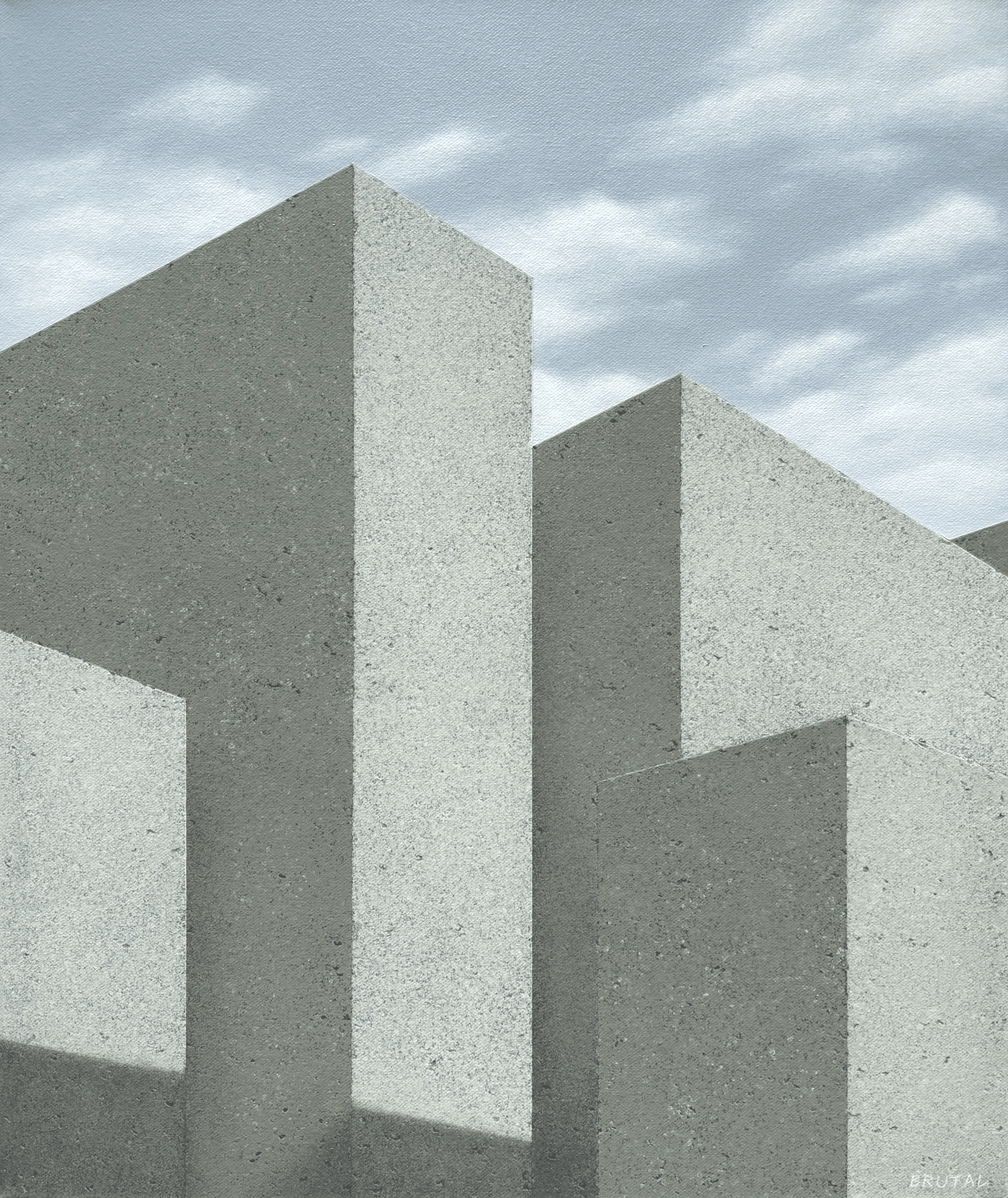 A painting of a Modern architectural Brutalist style concrete building with large geometric shapes and overcast sky.