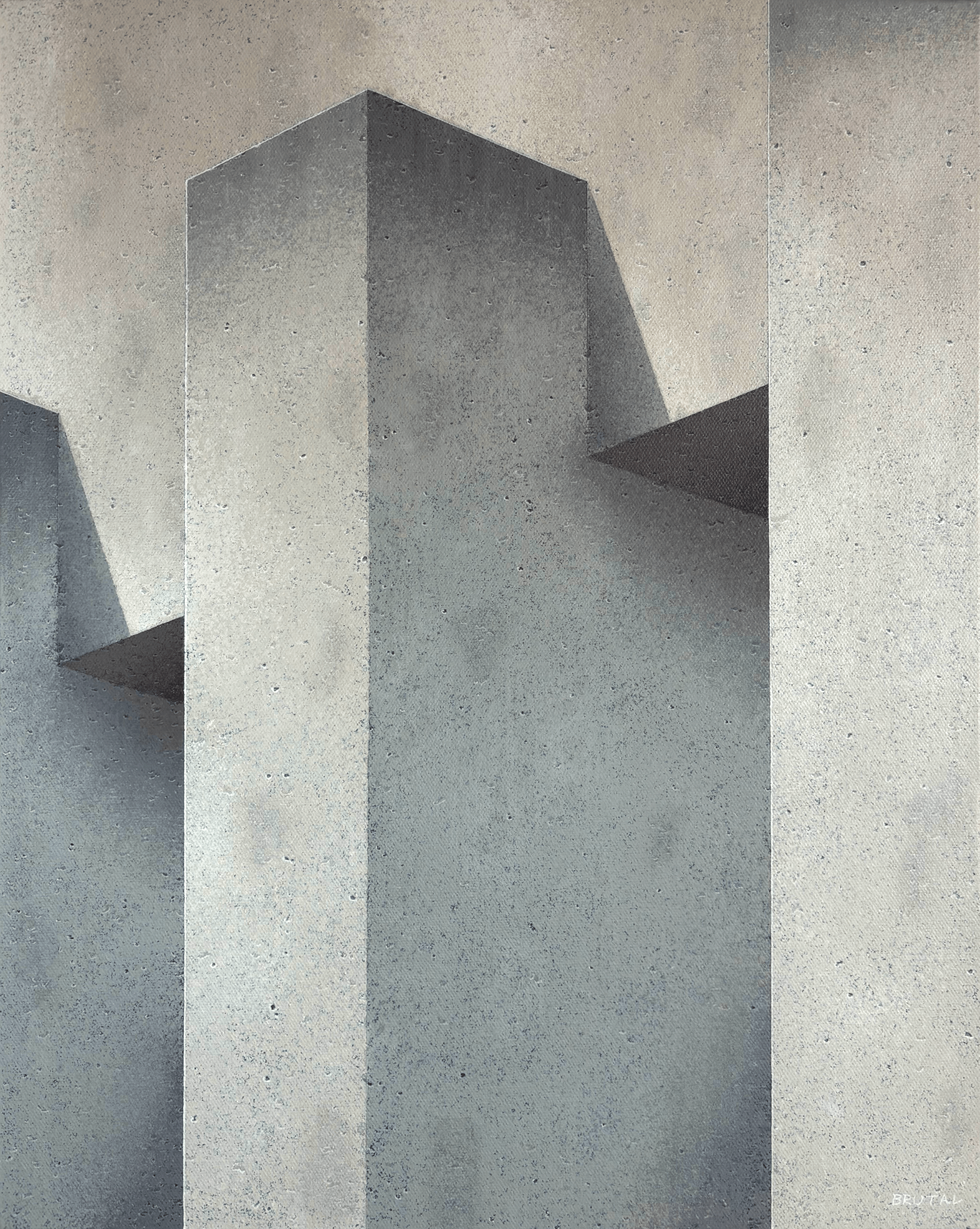 A painting of a Brutalist style Concrete building with sharp, geometric shapes and shadowed facets, viewed against a plain background.