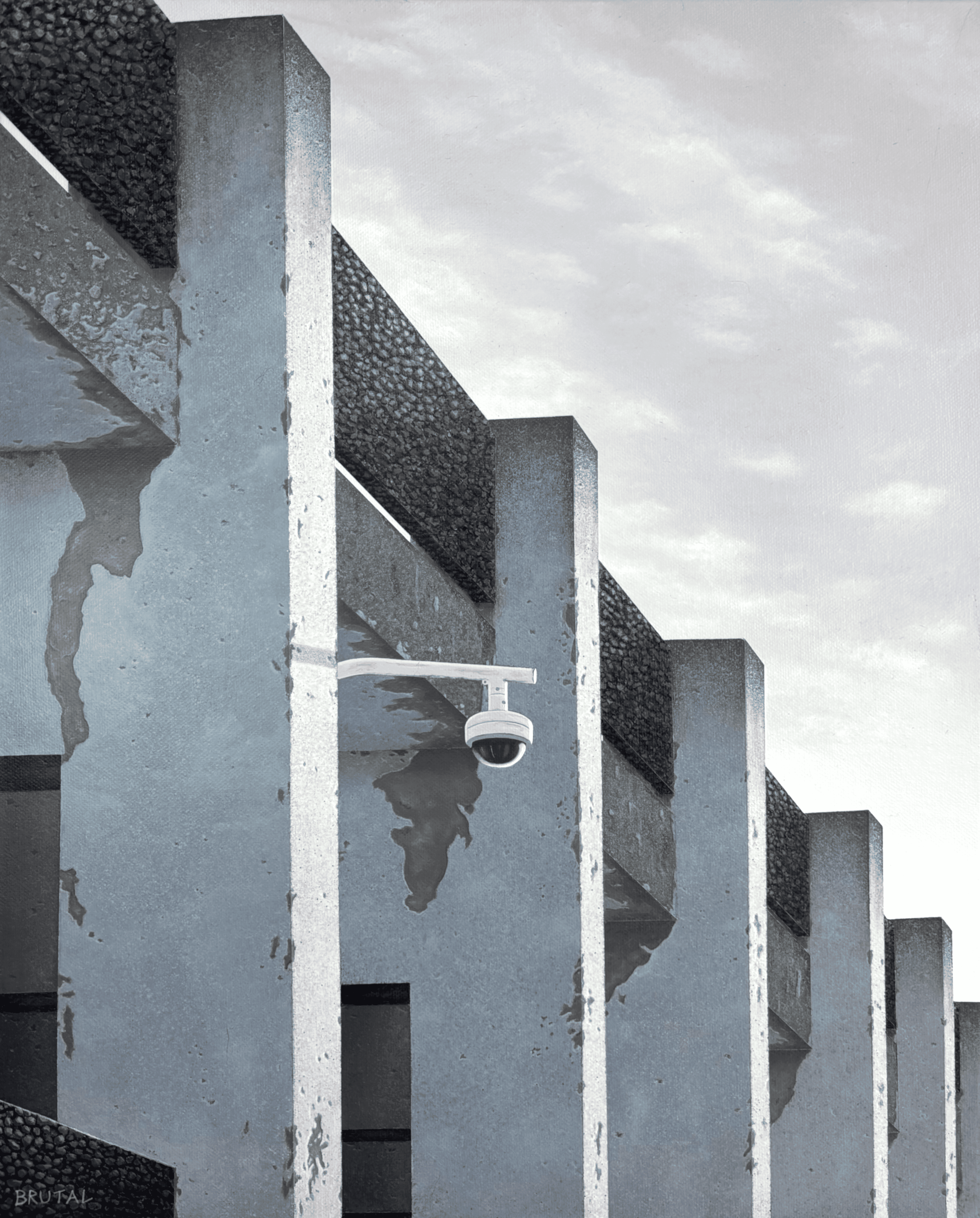 An Acrylic Painting of a brutalist building with vertical columns, some with peeling paint, and a security camera hanging from one of the columns. The sky is cloudy in the background.