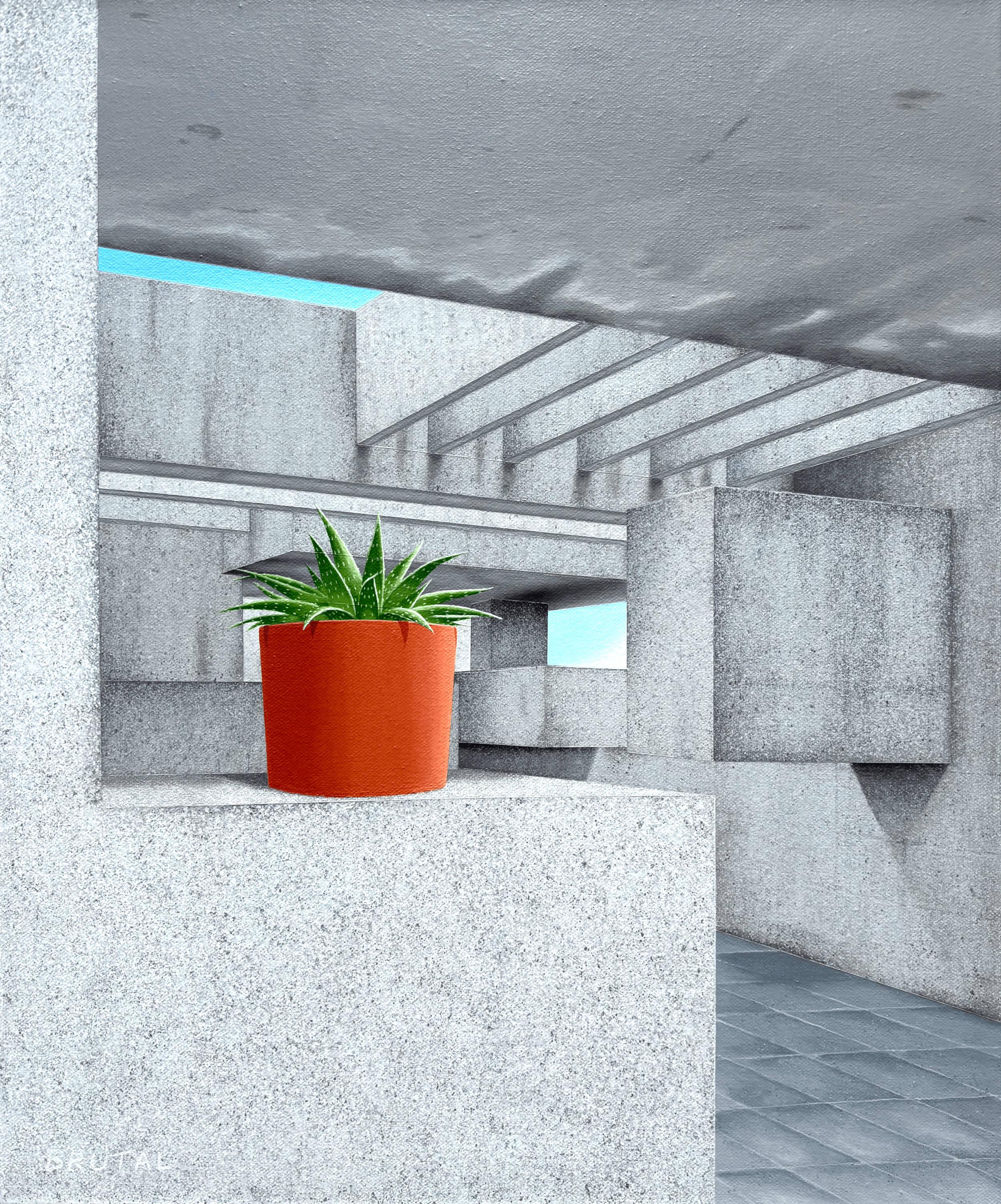 A painting of a potted succulent plant on a concrete ledge in a Brutalist Architecture space with concrete walls and ceiling.