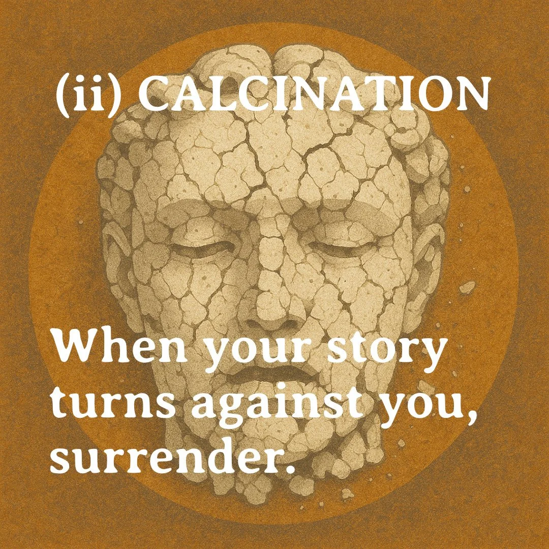 Alchemy Stage II Calcination. The mask is cracking, but it won't go without fight. Answer? Surrender. That's the golden key here. #alchemy #naturalwisdom #mentalhealth #wisdom