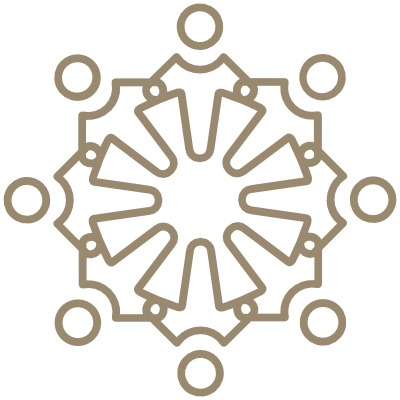 A geometric design featuring interconnected lines and circles forming a symmetrical pattern.
